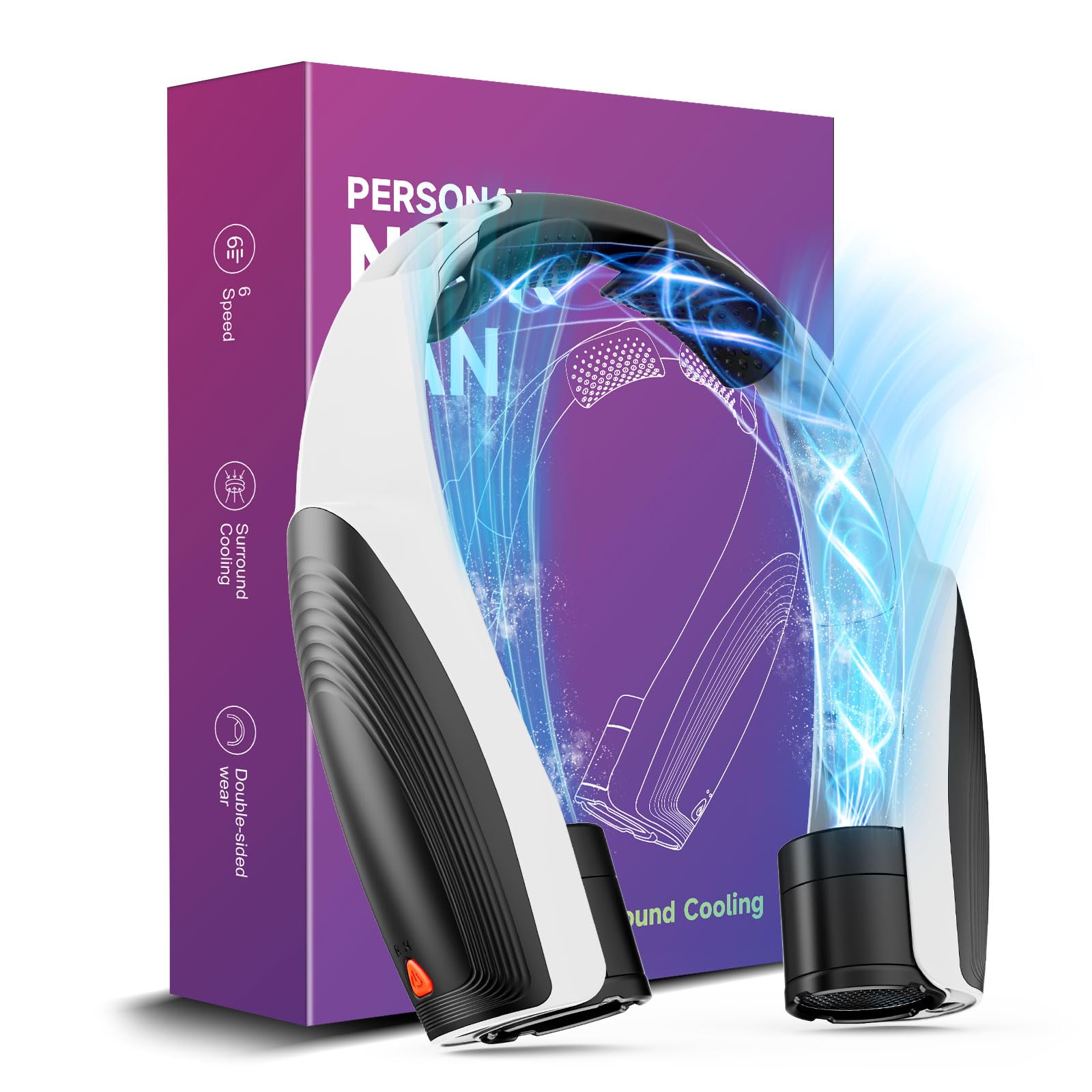 Ventilatore da collo portatile AI con 6 velocità potenti, batteria da 8000mAh, ventilatore ricaricabile USB-C, ventilatore da collo a mani libere con raffreddamento a 360°, girevole, ventilatore