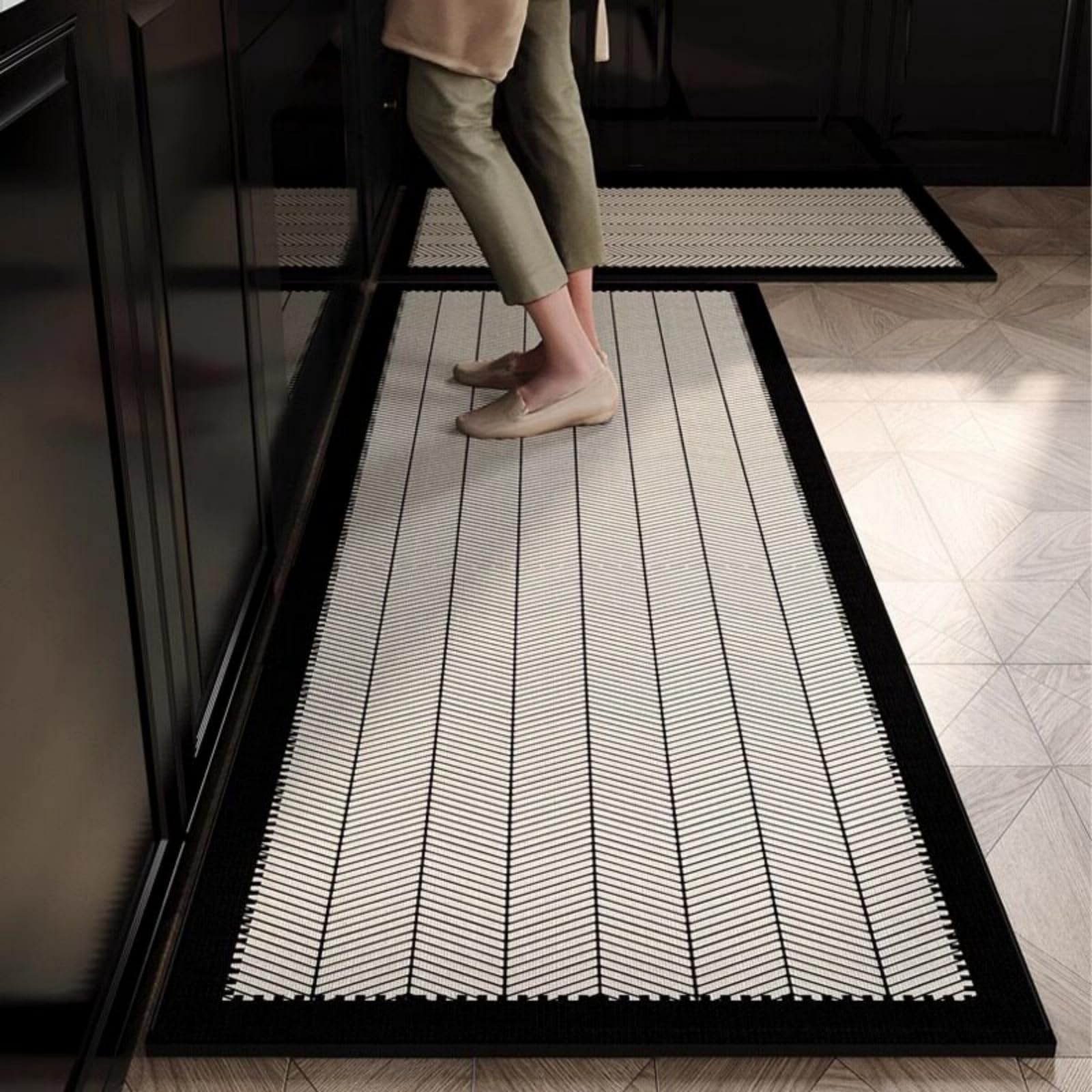 Alfombra de cocina vinílica efecto cuero de 50x80 cm moderna y resistente gris y blanca