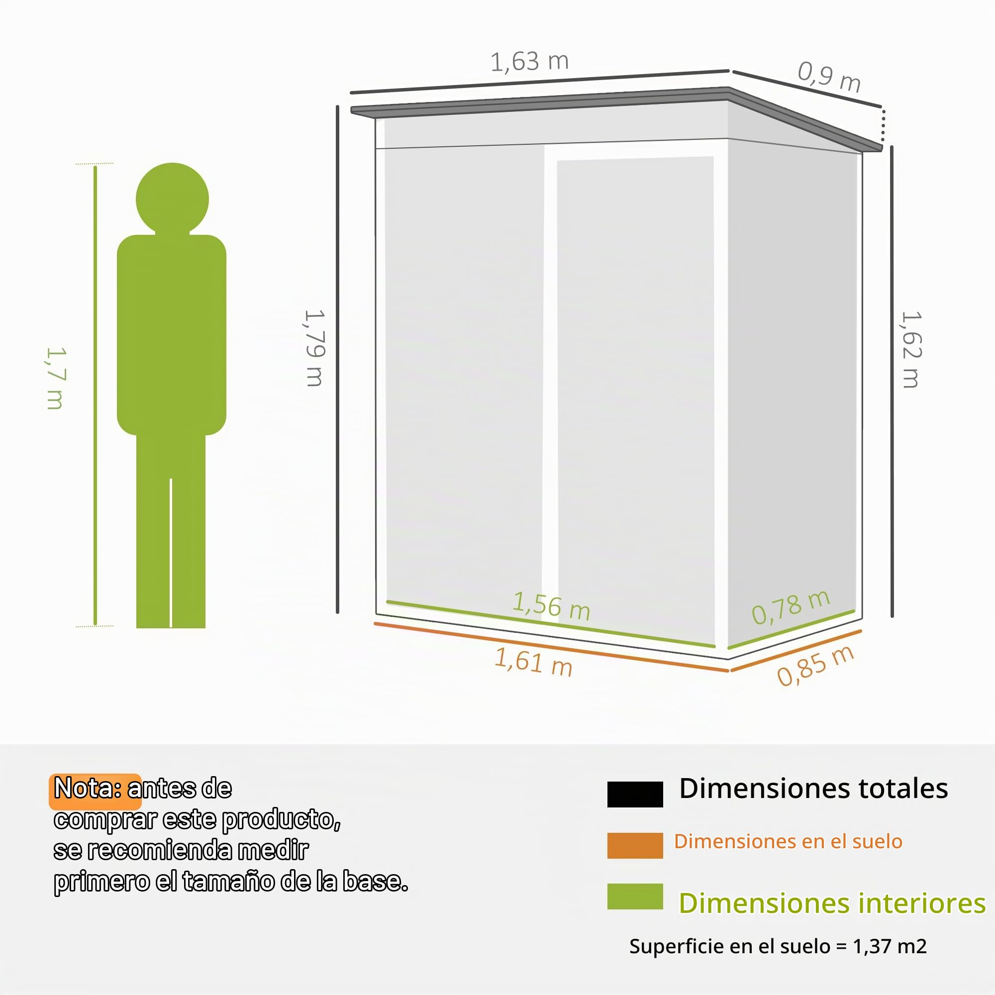 Outsunny - Cobertizo de jardín de metal, 1,37 m², 163 x 90 x 179 cm, acero galvanizado, armario de jardín Adossable con 2 rejillas de ventilación y techo inclinado antiUV - cabina de almacenamiento