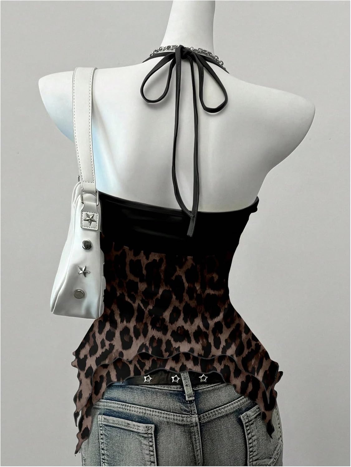 Milumia Women's Y2k Leopard Print Mesh Halter Top Y2K Ring Asymmetrical Party Club Cami Tops - Image 3