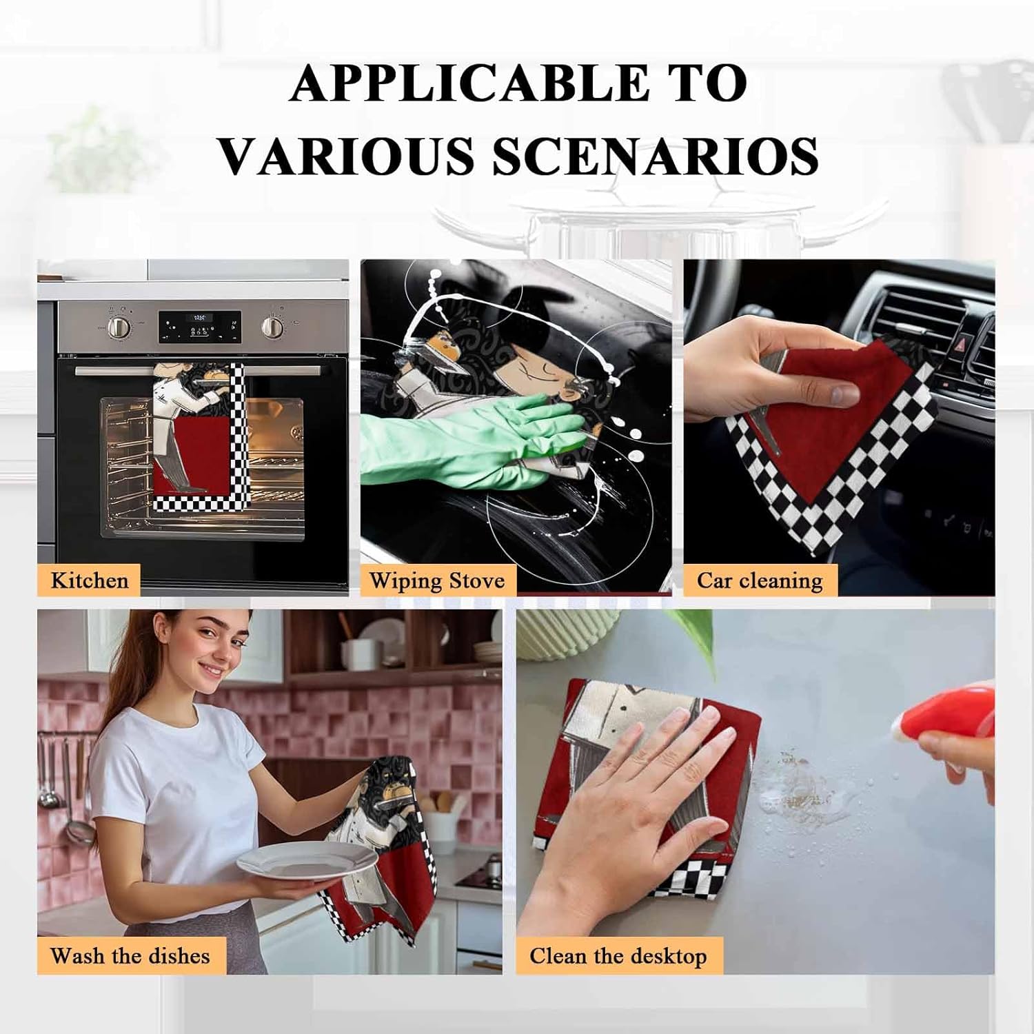 PIEPLE Vintage Chef Kitchen Towels - 3 Pack Microfiber Absorbent Dish Towels for Kitchen, Black White Checkered Red Paris Black Farmhouse Kitchen Hand Towels/Tea Towels/Bar Towels 18"x28"