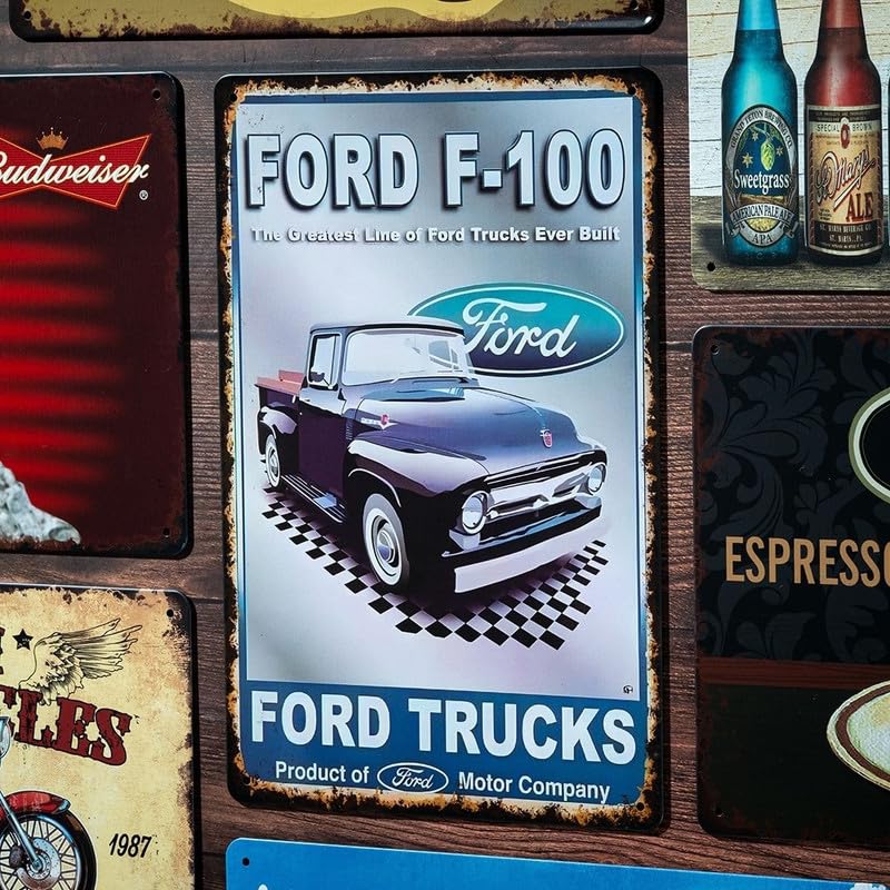 Image of Eazywagon Decorative Retro Metal Signs Wall Plate - 12x8 Inch (Ford F-100 Classic Truck) | Weatherproof Vintage Metal Sign Plate for Cafe, Home, Bar, Garage | Decorative Wall Hanging Sign Board