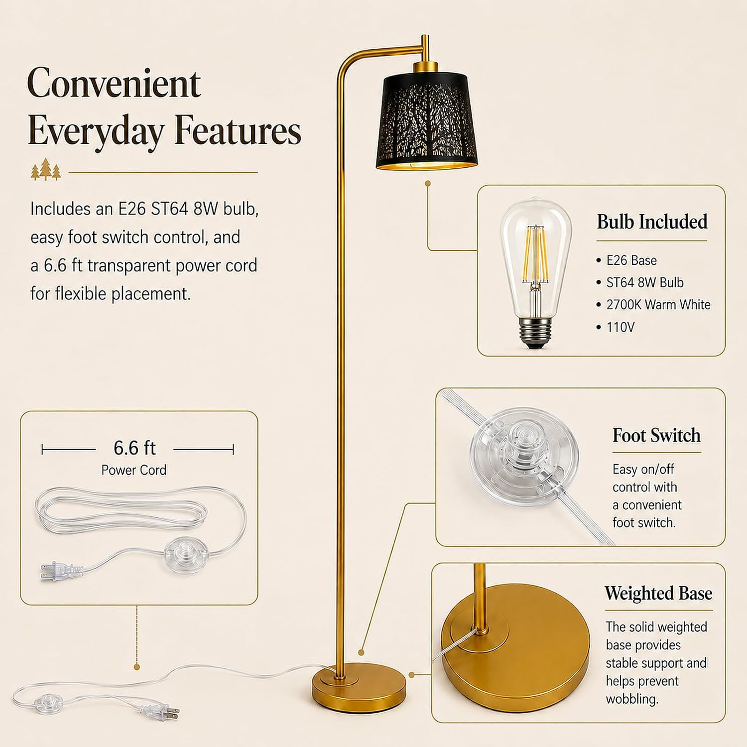 Arc Floor Lamp for Living Room, Black Tree Cutout Metal Shade thumbnail