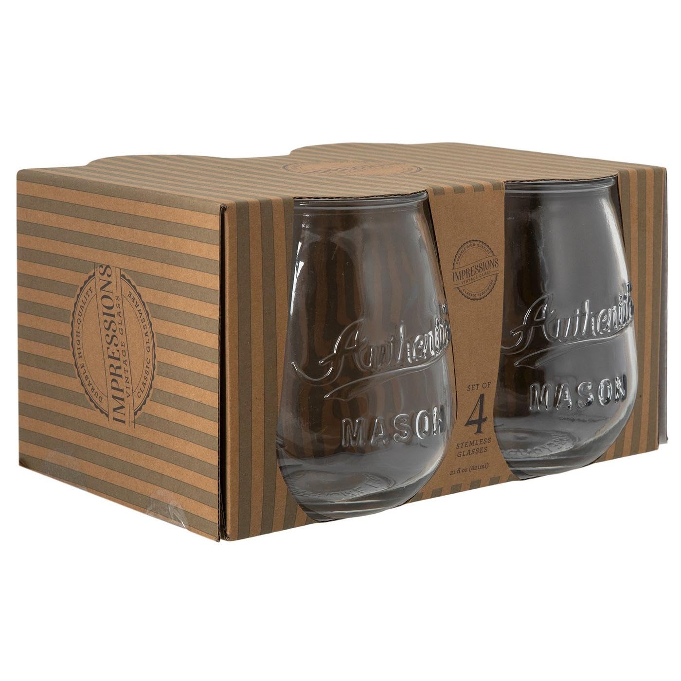 Amazon.com | Hobby Lobby Authentic Mason Stemless Wine Glasses, Clear Glass,  21 Oz, Set of 4, Embossed Design: Wine Glasses