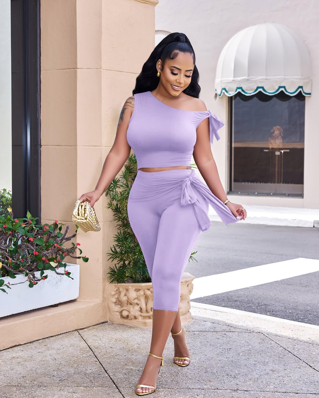 Vssjavun Women's 2 Piece Outfits Sexy Sleeveless One Shoulder Crop Tops Bodycon Capri Pants Sets - Image 6