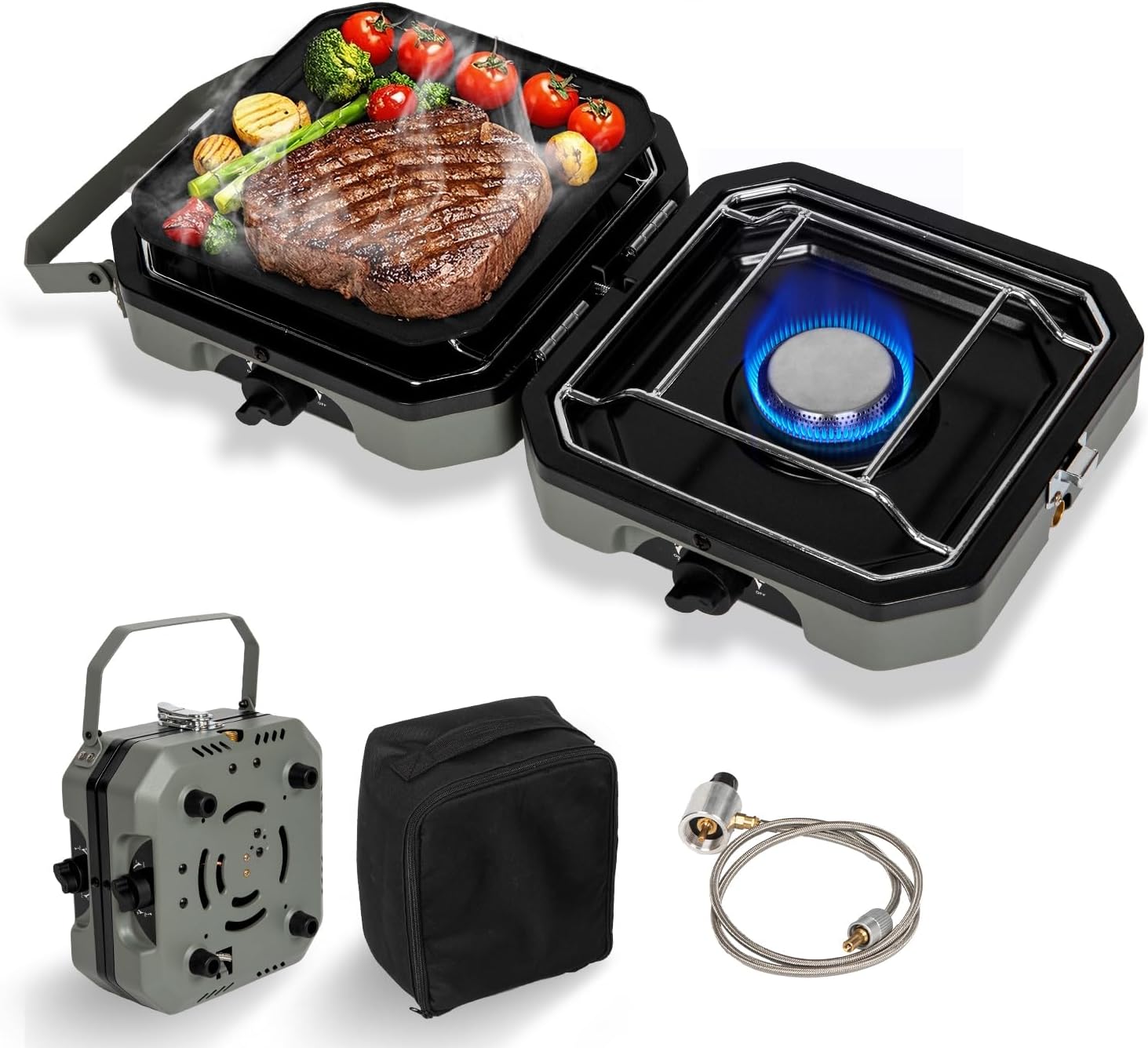 2 Burner Propane Camping Stove with Grill, 14000 BTU Portable Foldable Camp Stove with Steel Braided Hose and Carrying Bag, Adjustable Burners, Suitable for Backyard BBQs Camping and Outdoor Cooking