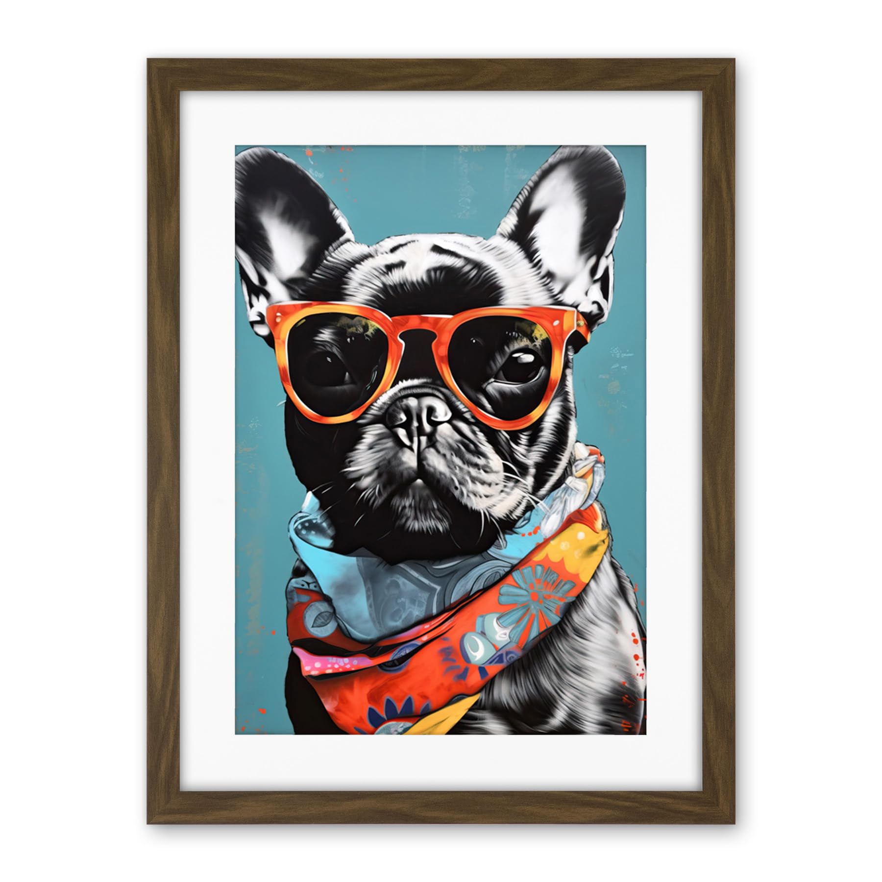 Artery8 English Bulldog Wearing Bandana and Sunglasses Artwork Framed Wall Art Print 18X24 Inch