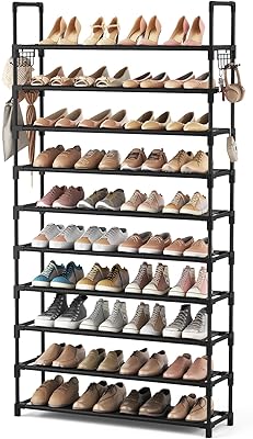 VTRIN 10 Tier Shoe Rack Tall Large Capacity 50 Pair Wide Shoe Organizer with Two Hooks Sturdy Metal Shoe Shelf for Entryway, Closet, Bedroom