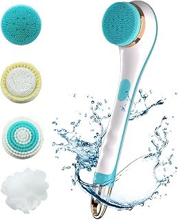 Electric Body Brush, Rechargeable Back Scrubber Body Exfoliating Brush Shower Brush with Long Handle Electric Waterproof Body Scrub Brush with 4 Brush Heads for Deep Cleansing and Massage