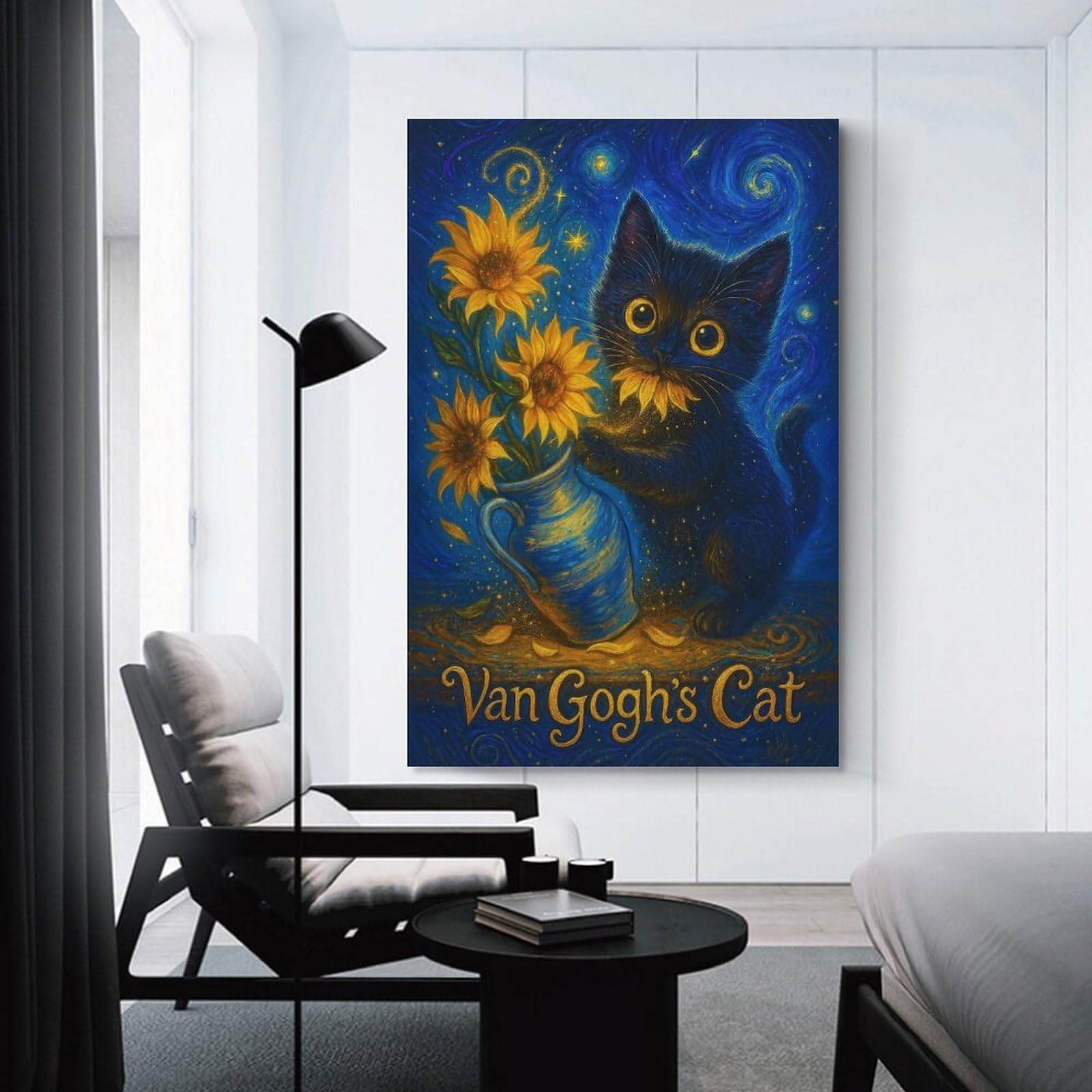 Junmoney Starry Night Black Cat with Sunflowers Canvas Art Print 16x24inch(40x60cm), for Gallery Wall Layouts in Home Or Office, Decorative Artwork with Flexible Styling