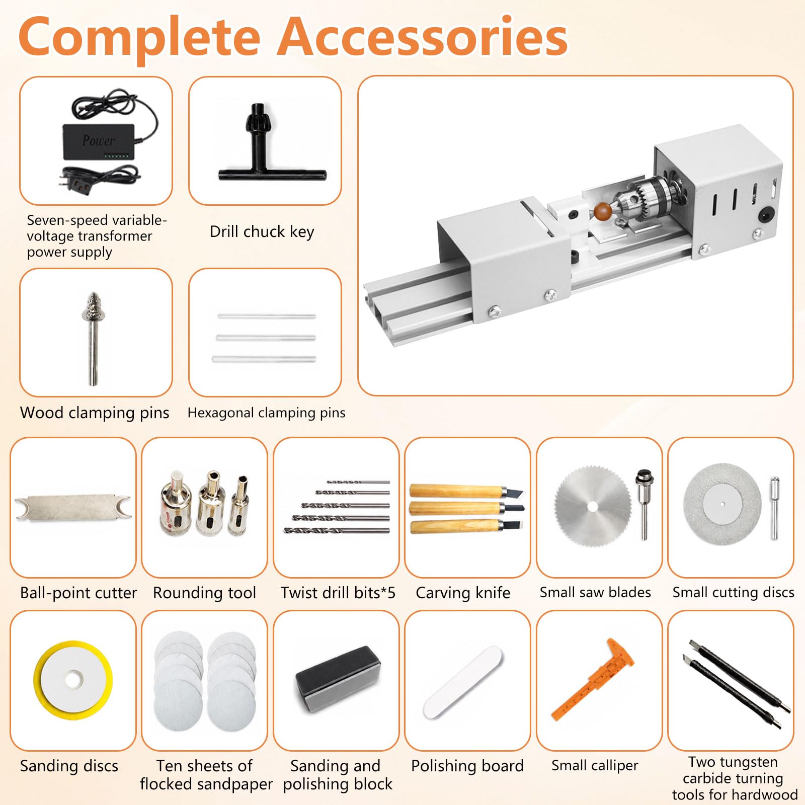 Mini Drehbank, 96W Drechselbank, 4000-9000rpm Präzise Drehbank, 7 Geschwindigkeiten, Klemmbereich von 0.6-6mm, Metall Kleine Drehbank für Dreh, Schleifen und Polieren