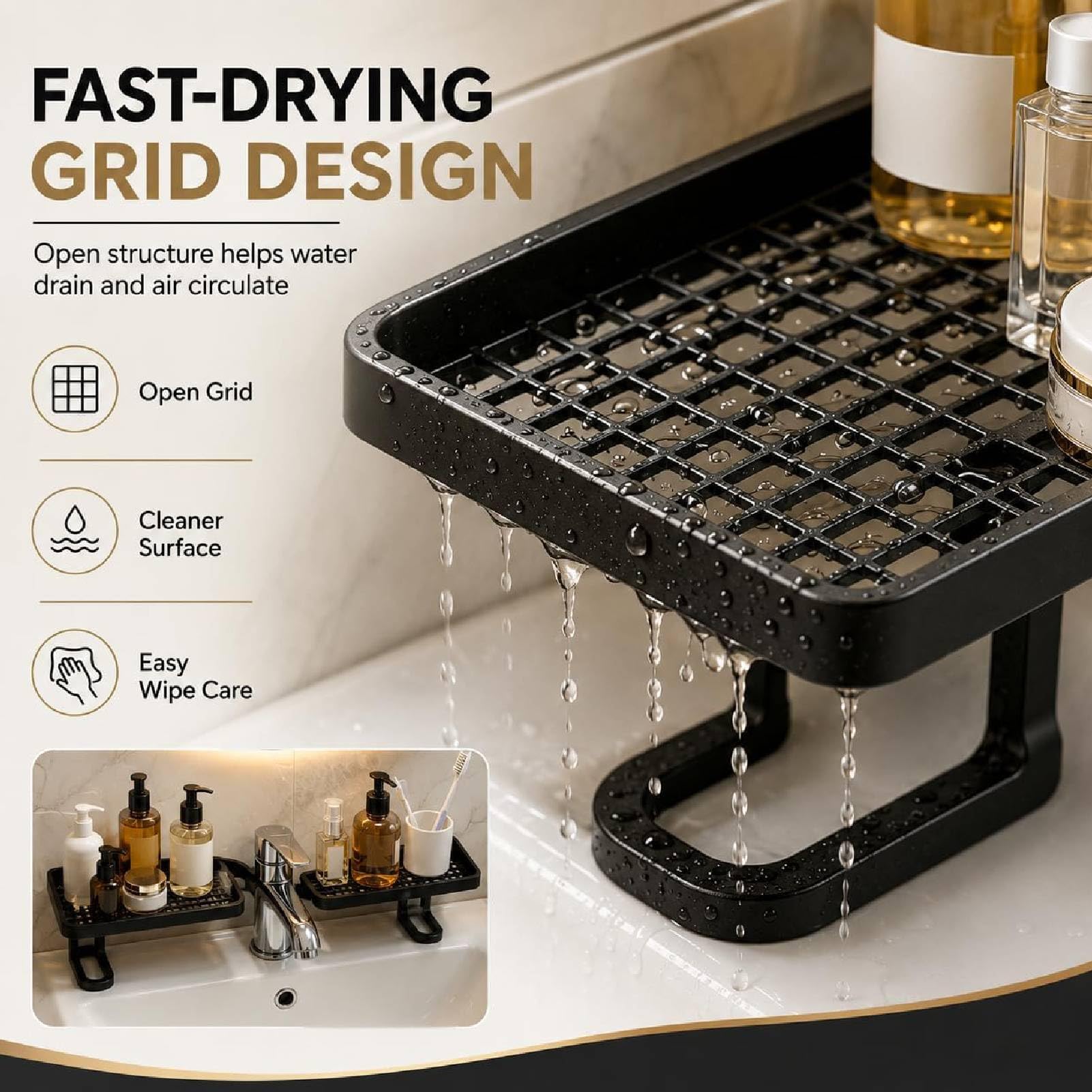 Dietro il rubinetto, organizer per lavello senza fori, organizer per lavello universale, rimovibile, a forma di U, per bagno, cucina, piano di lavoro (bianco)