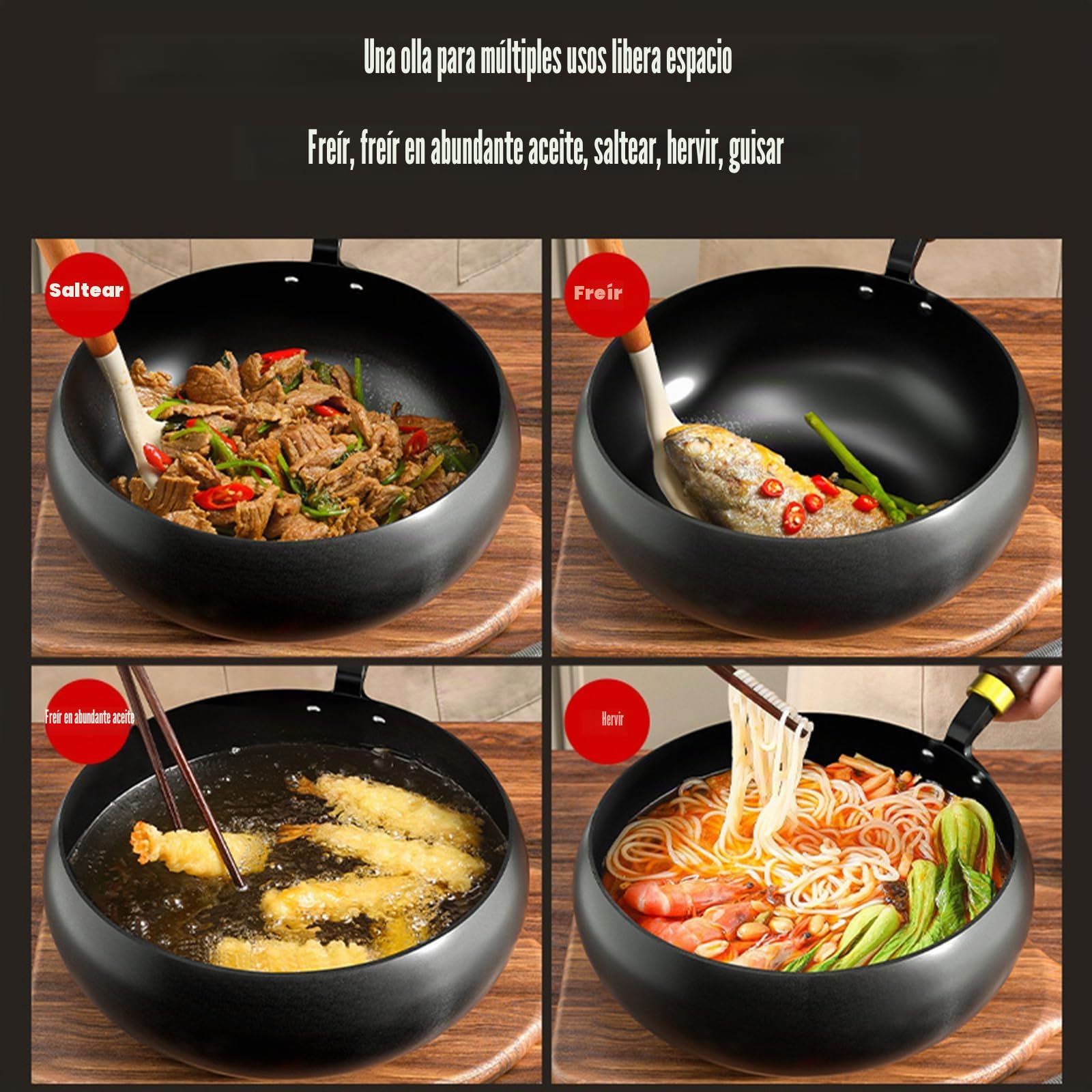 Sartén de hierro japonesa – 2025 Sartén antiadherente sin revestimiento hecha a mano de hierro puro de 28cm con tapa de madera o cubierta de vidrio, para cocina, inducción, cocinas eléctricas y de gas