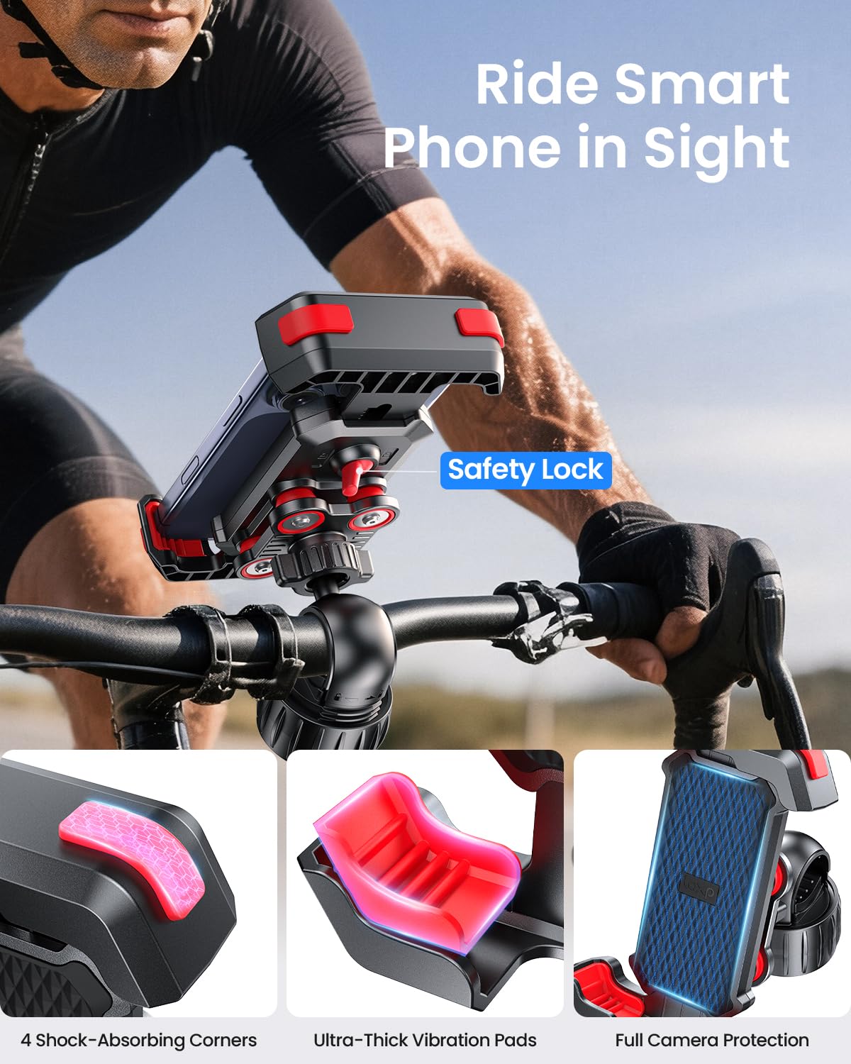 LOXP Support de téléphone anti-secousses pour moto – Double amortisseur de vibrations 2026, support de téléphone universel pour iPhone 17/16/15/14/13 et Android 4,7-7", support de guidon pour vélo