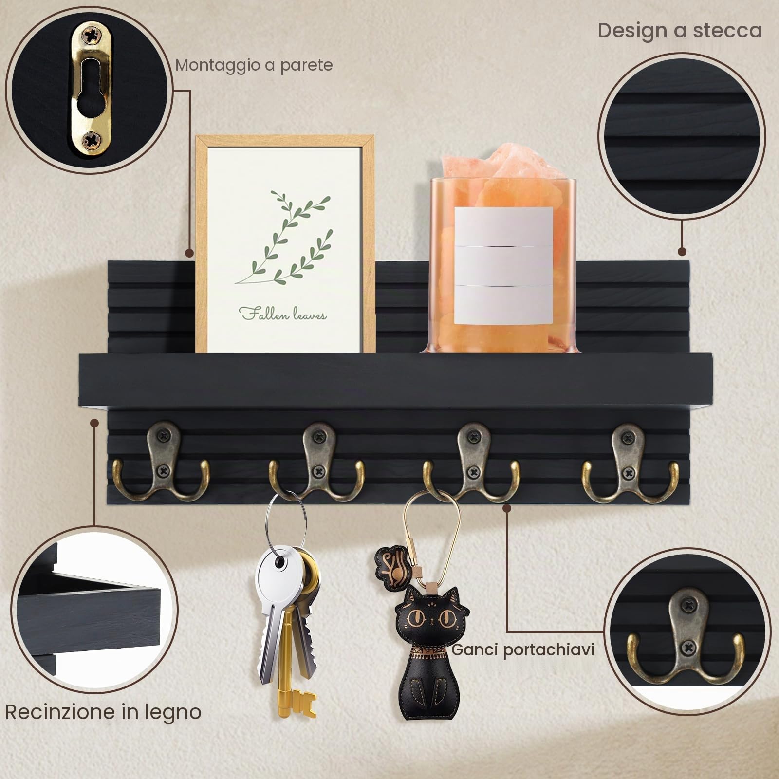 Portachiavi da Parete in Legno, Portachiavi da Muro con Ripiano, Porta Chiavi da Muro per Casa con 8 Ganci, Appendi Chiavi Home Decor, per Corridoio, Ingresso, Cucina, Bagno (Nero)
