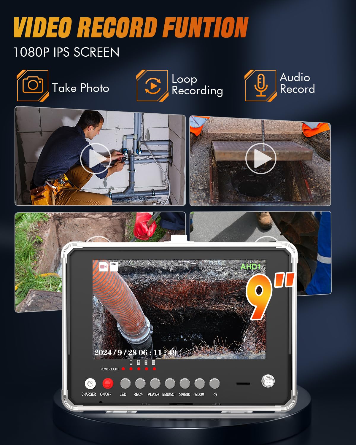 Self-Leveling Sewer Camera with 512Hz Locator, PRANITE 9" 1080P IPS Drain Camera 165ft with 12 LED Lights, DVR Recorder, IP68 Waterproof for Inspect Sewer, Plumbing, Duct – 16GB Card