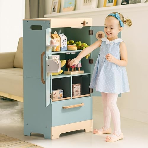 Miniatura 7 de ROBOTIME - Refrigerador de madera de juguete, para niños pequeños y grandes, con máquina de hielo y alimentos, juego de cocina de simulación para