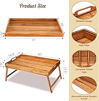 Vista 3 de Mesa baja de acacia de 2 piezas para sentarse en el suelo, bandeja de desayuno con patas y asas, bandeja plegable de madera para servir desayuno
