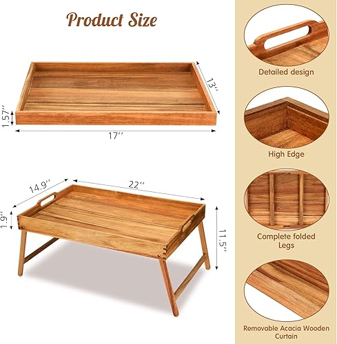 Miniatura 3 de Mesa baja de acacia de 2 piezas para sentarse en el suelo, bandeja de desayuno con patas y asas, bandeja plegable de madera para servir desayuno