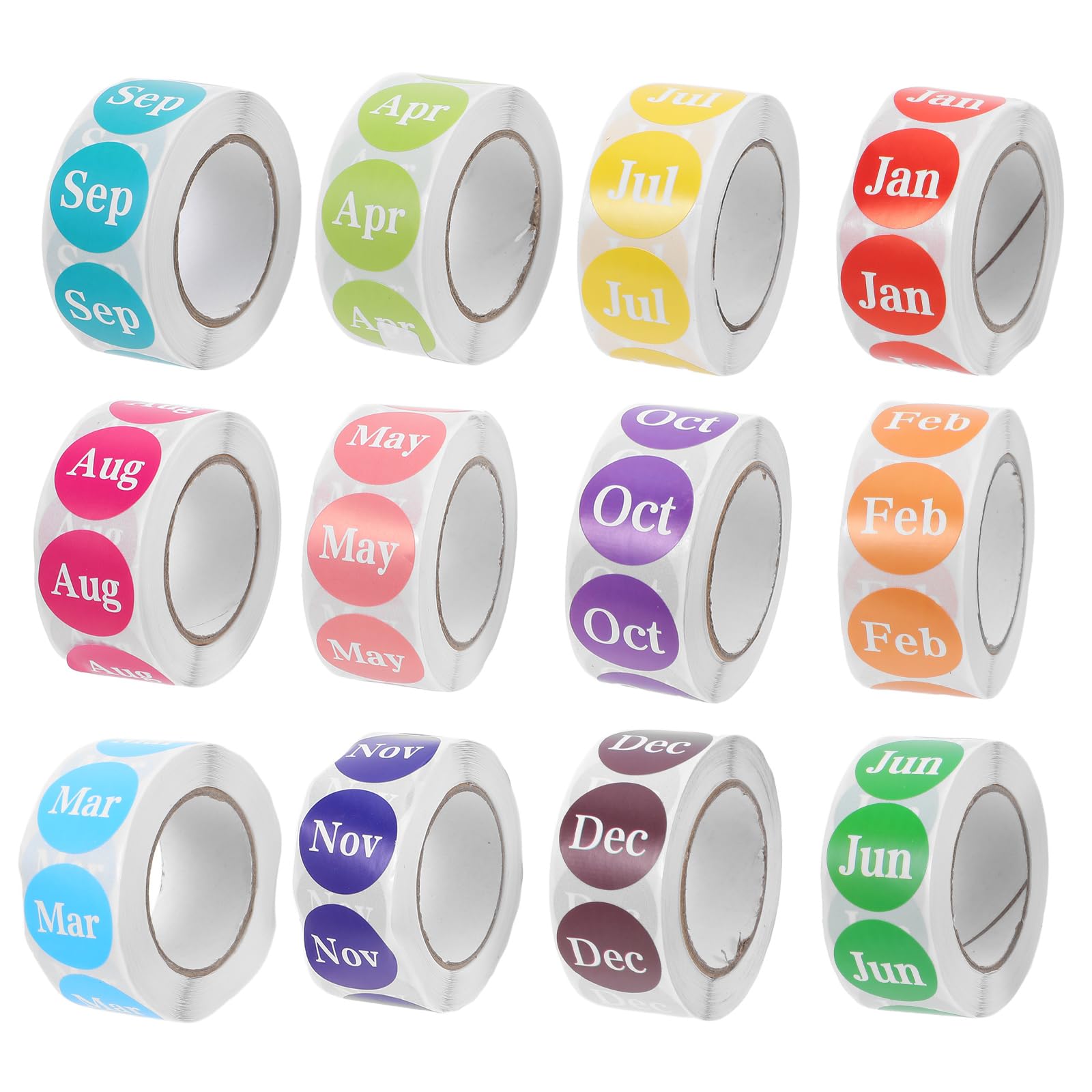 Autocollants Ronds Mensuels 12 Rouleaux, Papier Couché Adhésif