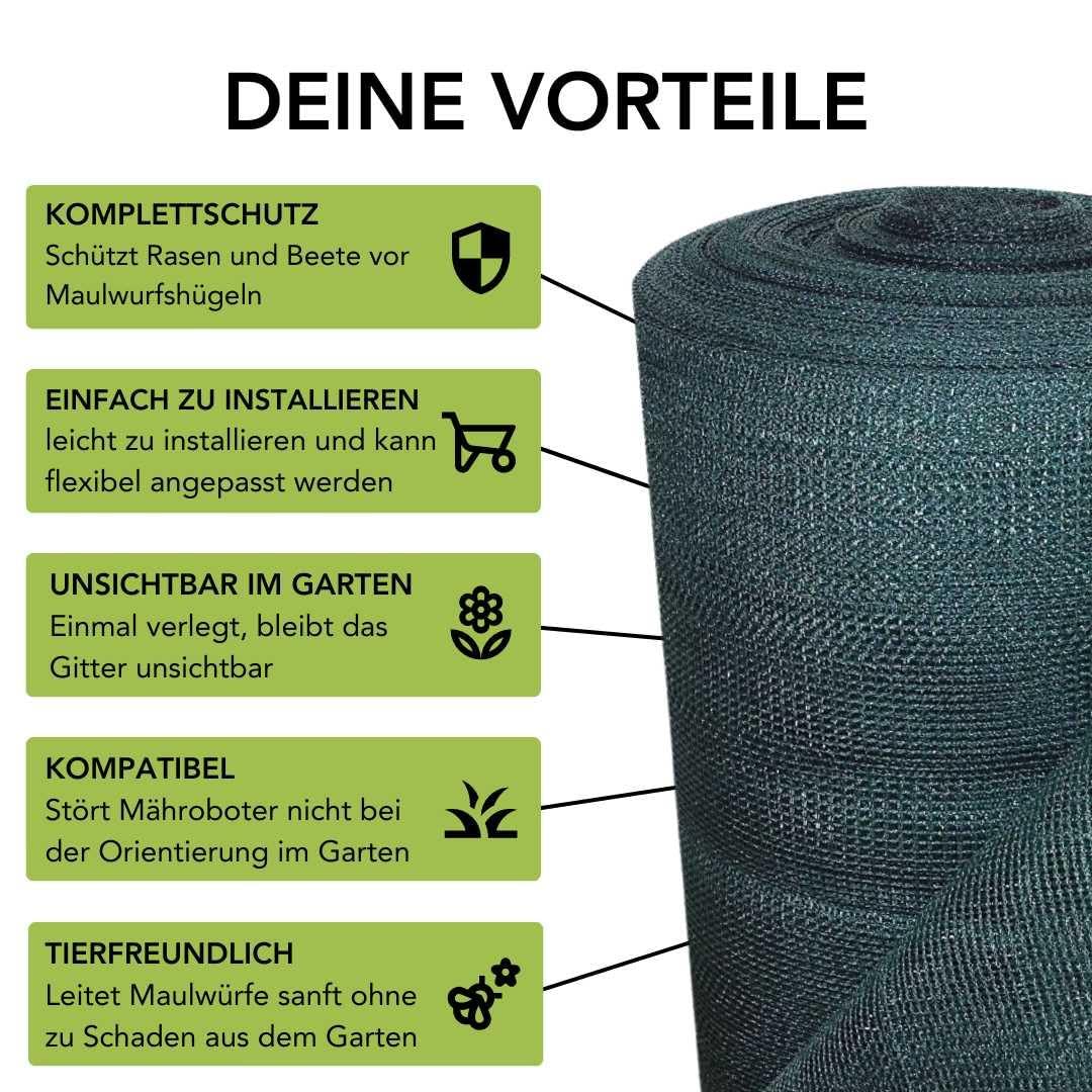 Florade® Maulwurfnetz | Tierfreundlich | Maulwurfshügel verhindern | UV-beständig, robust, langlebig | Effektiver Maulwurfschutz | Dunkelgrün | 80g/m²