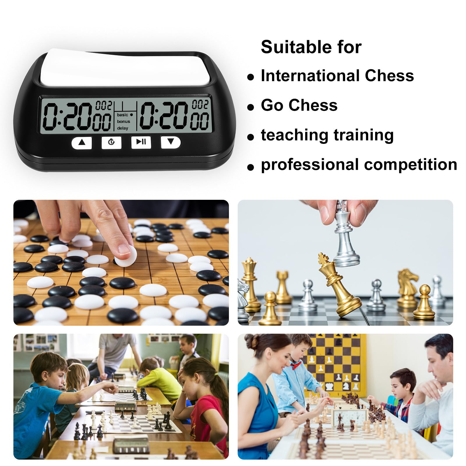 Horloge d'échecs Professionnelle​​,Minuteur d'échecs numérique Multifonction​​ – Compte à rebours/Bonus/délai,Commandes à 4 Boutons​​,​​Design compétition​​ pour Tournois et Jeux de société