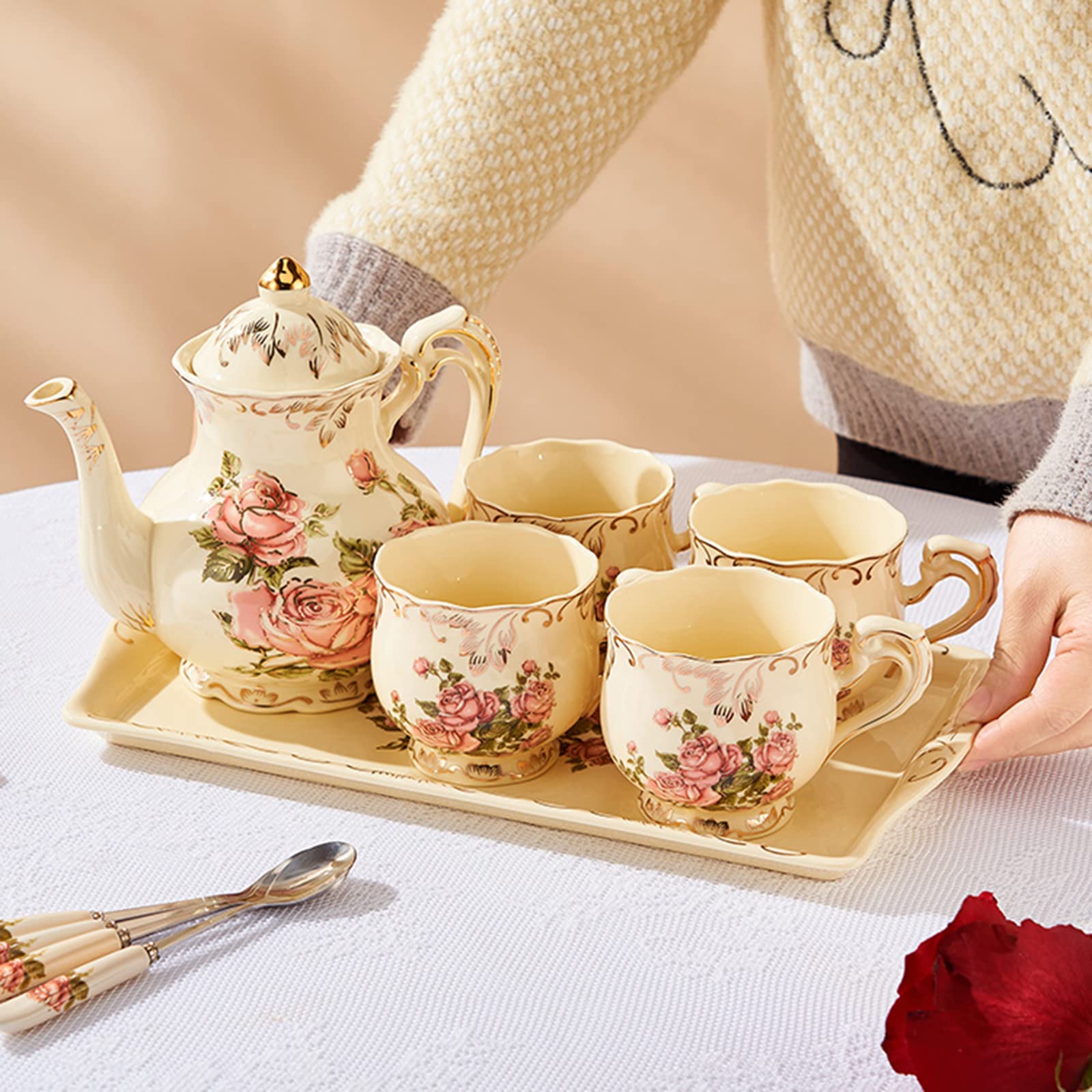 Porcelanowy zestaw do popołudniowej herbaty, kwiatowy zestaw do kawy w stylu vintage z czajnikiem, filiżankami do herbaty, tacą do serwowania i łyżeczką na prezenty i imprezy