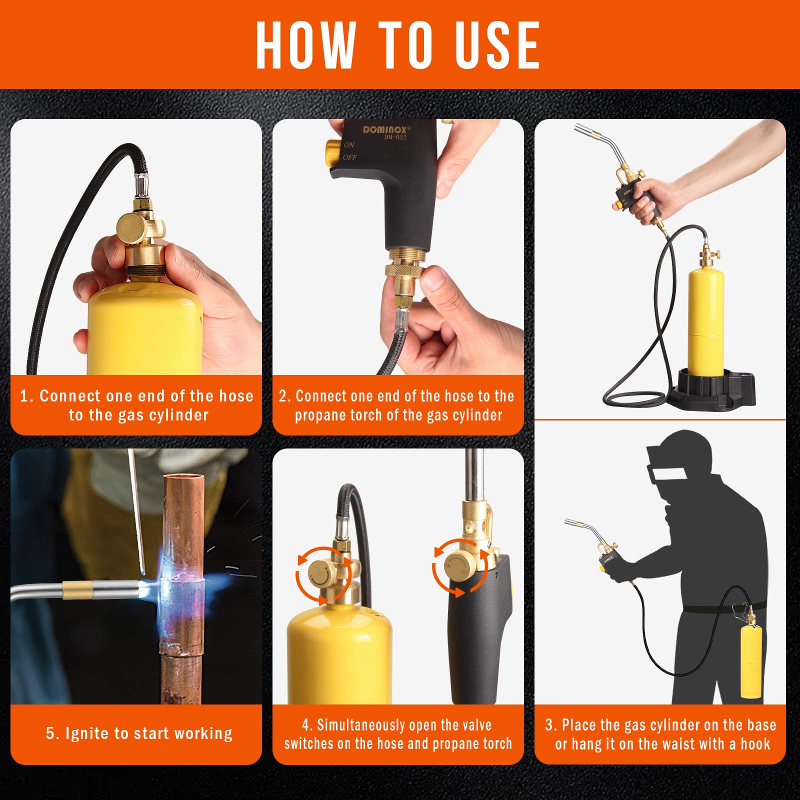 Torcia a propano con tubo da 1,5 m, base e clip per cilindro, torcia a gas per propano e Mapp, kit torcia a gas MAPP per saldatura, saldatura, cottura (non incluso serbatoio del gas)