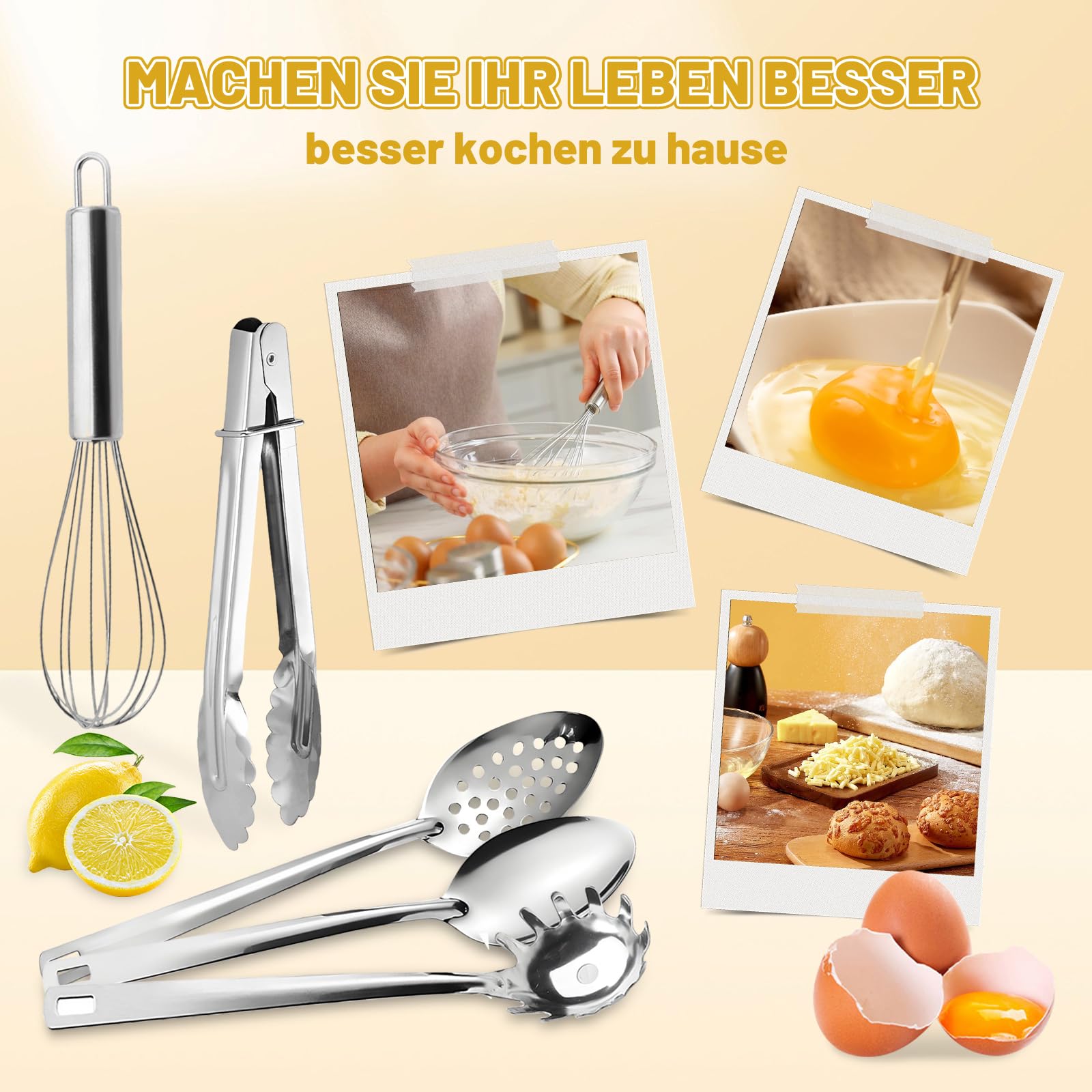 Juego de 9 utensilios de cocina de acero inoxidable – Herramientas de cocina con diseño de agujero colgante, utensilios de cocina, apto para lavavajillas, cucharón de acero inoxidable, espátula — view 5