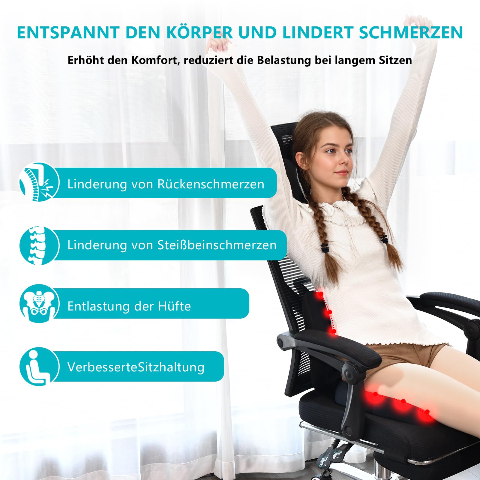 FLORICH Coussin d'assise et Coussin Lombaire en Mousse à Mémoire de Forme pour Siège de Bureau Coussin d'assise Ergonomique pour Voiture pour Siège de Voiture, Chaise de Bureaut, Type1-Noir