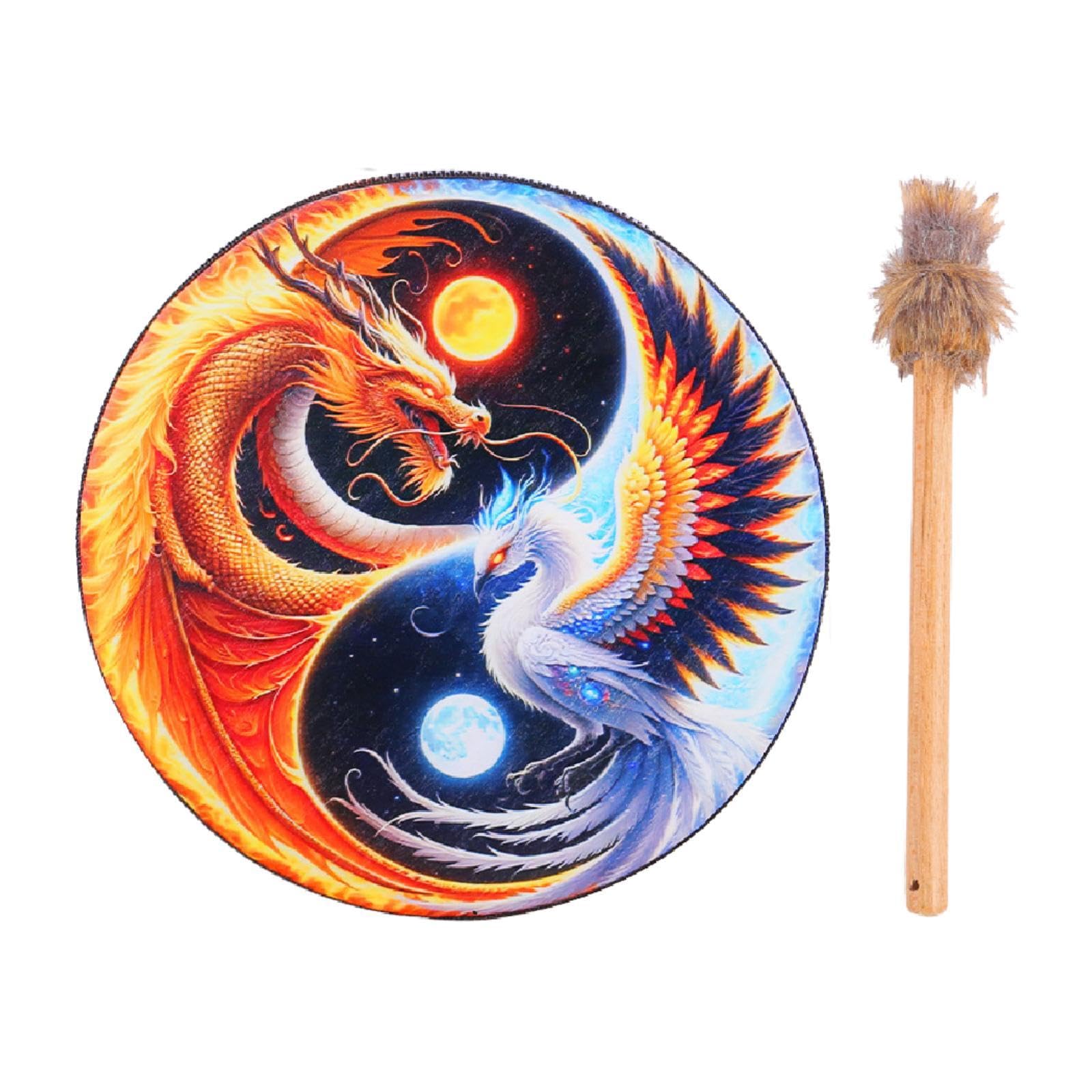Baoblaze Shaman Drum Tambour Chamanique Rond Percussion Instrument Bois Bâton Objet Décoratif Adapté pour Célébration Rassemblement Cérémonie, Dragon et Phénix