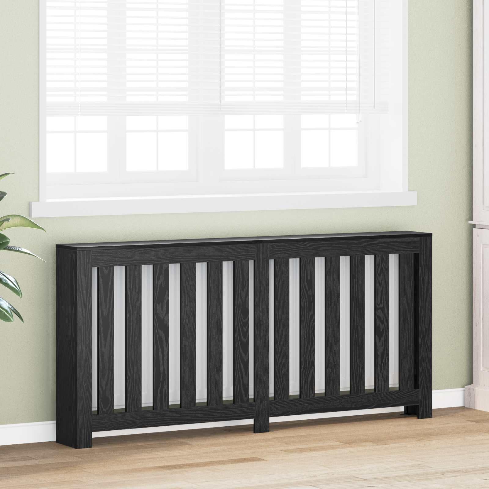 Heizkörperabdeckung Schwarz Eichen-Optik aus Holzwerkstoff 175 x 20 x 82 cm mit oberem Regalfach für Wohnzimmer und Bad, vertikales Latten Design für Wärmefluss