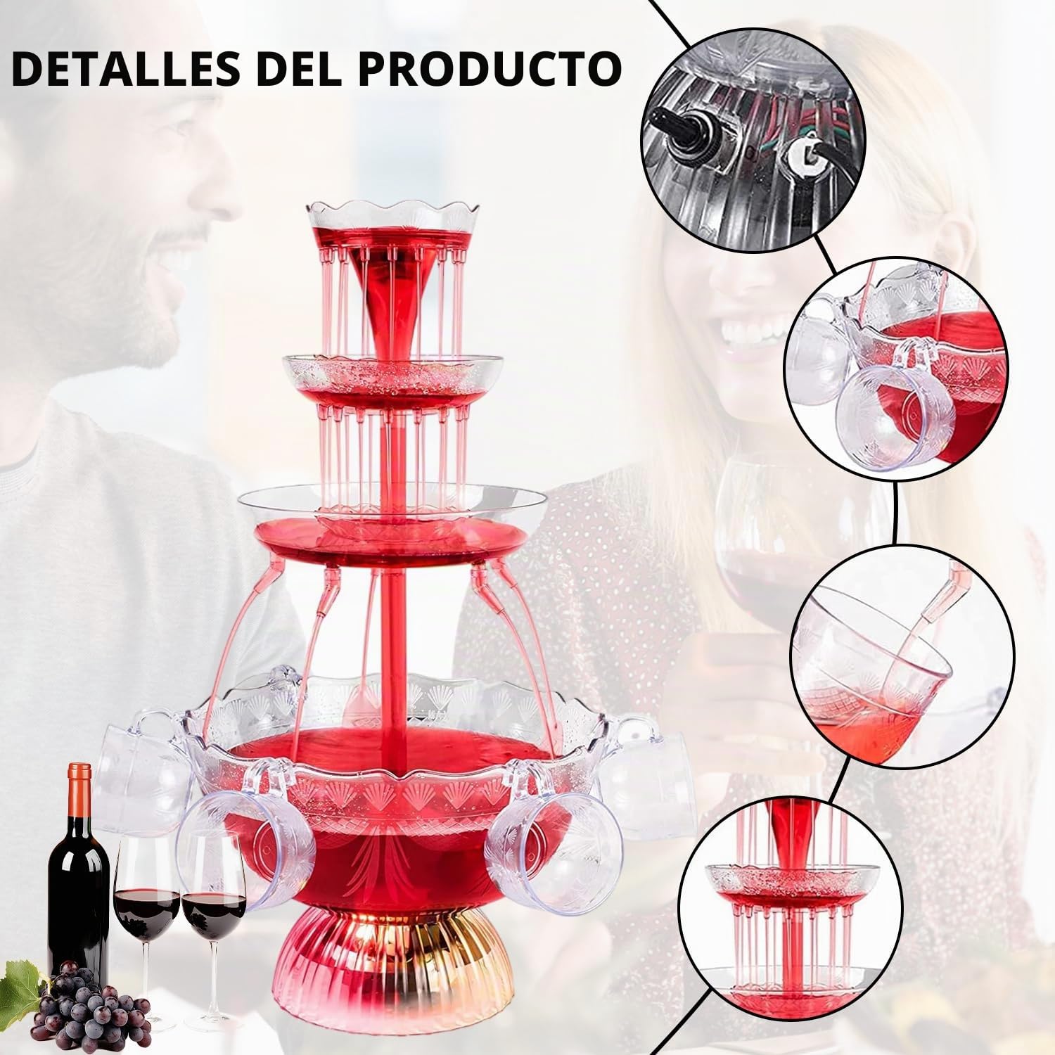 Fuente de Fiesta Transparente de 3 Niveles, Máquina de Fuente de Vino | 5 Vasos Reutilizables y 1 Cepillo, Base LED, Torre de bebidas para Pubs, Fiestas en Casa y Fiestas de Cumpleaños