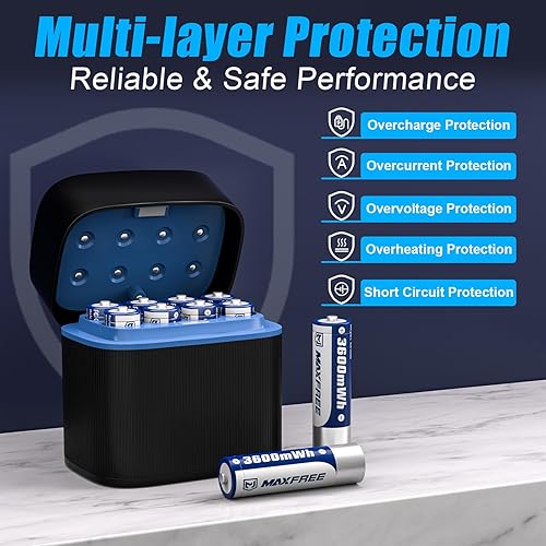 Vista 8 de Maxfree Baterías recargables AA de litio con cargador, paquete de 8 unidades de 1.5V 3600mWh, baterías dobles A de larga duración con pantalla LED