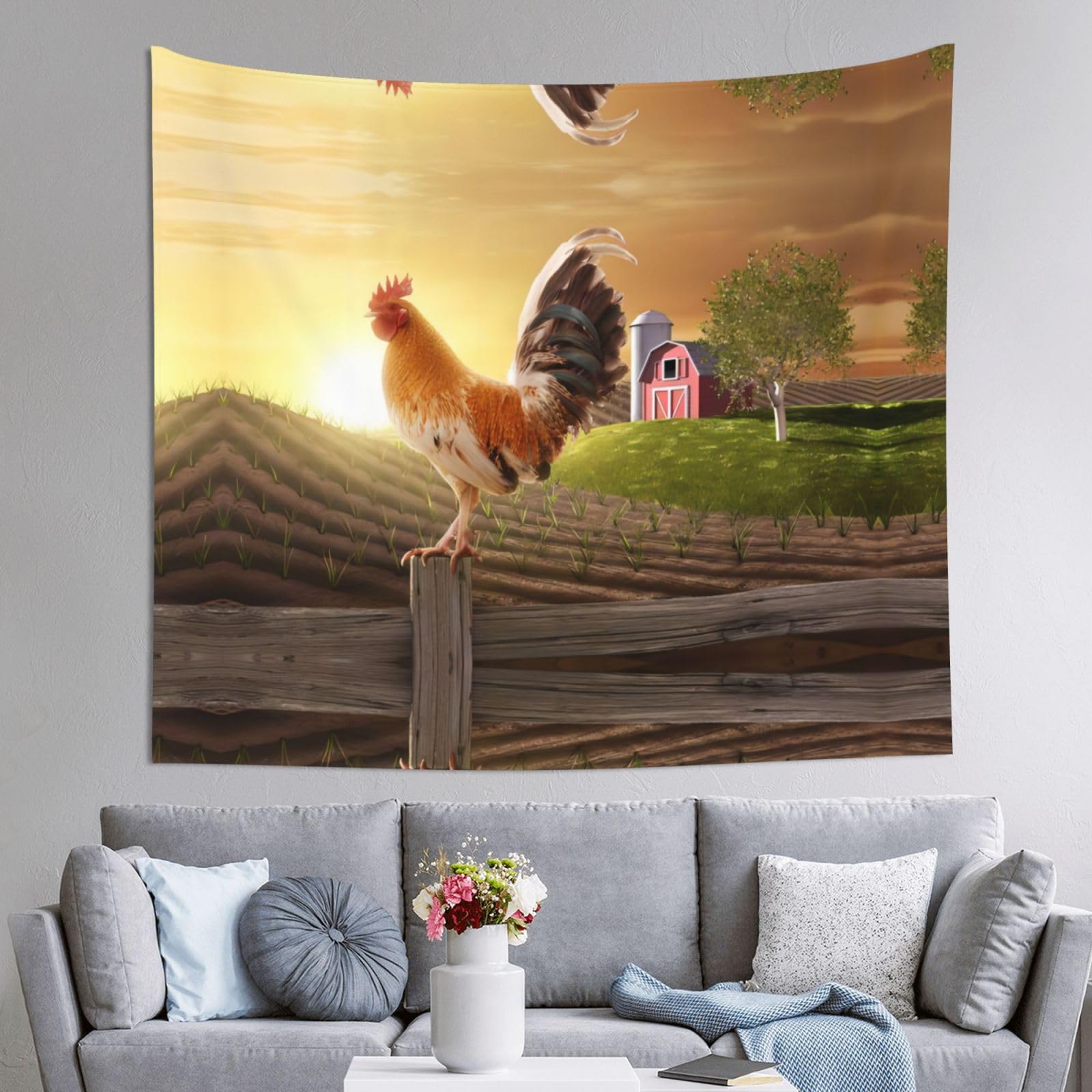 HLSBSSL 60x51in Rooster On Wood In Farmland Printed Tapestry Tablecloth for Dormitory and Picnic Rooms - Multifunctional Fabric Hanging