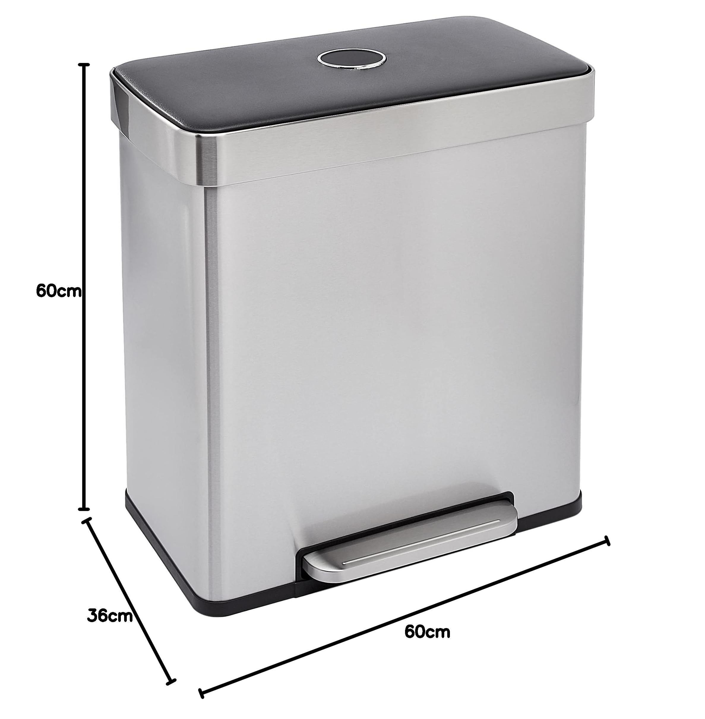 Amazon Basics Rectangular Cubo de basura para reciclaje con 2 compartimentos, Cubo interior de 30L+30L (60 L) metálico, Plateado