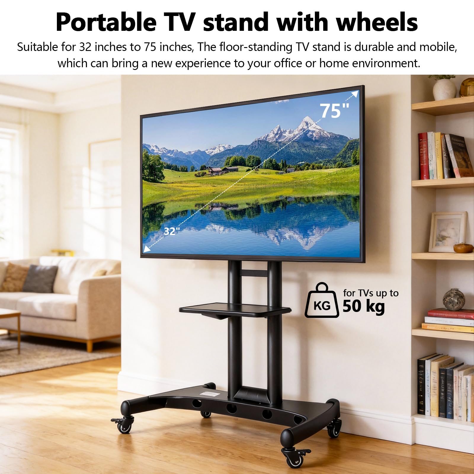YCQYM Soporte de TV con Ruedas Ajustable para televisores de Pantalla Plana de 3275 Pulgadas Hey Duty Trolley con Estante Carga máxima 45 kg TV móvil para el hogar y la Oficina