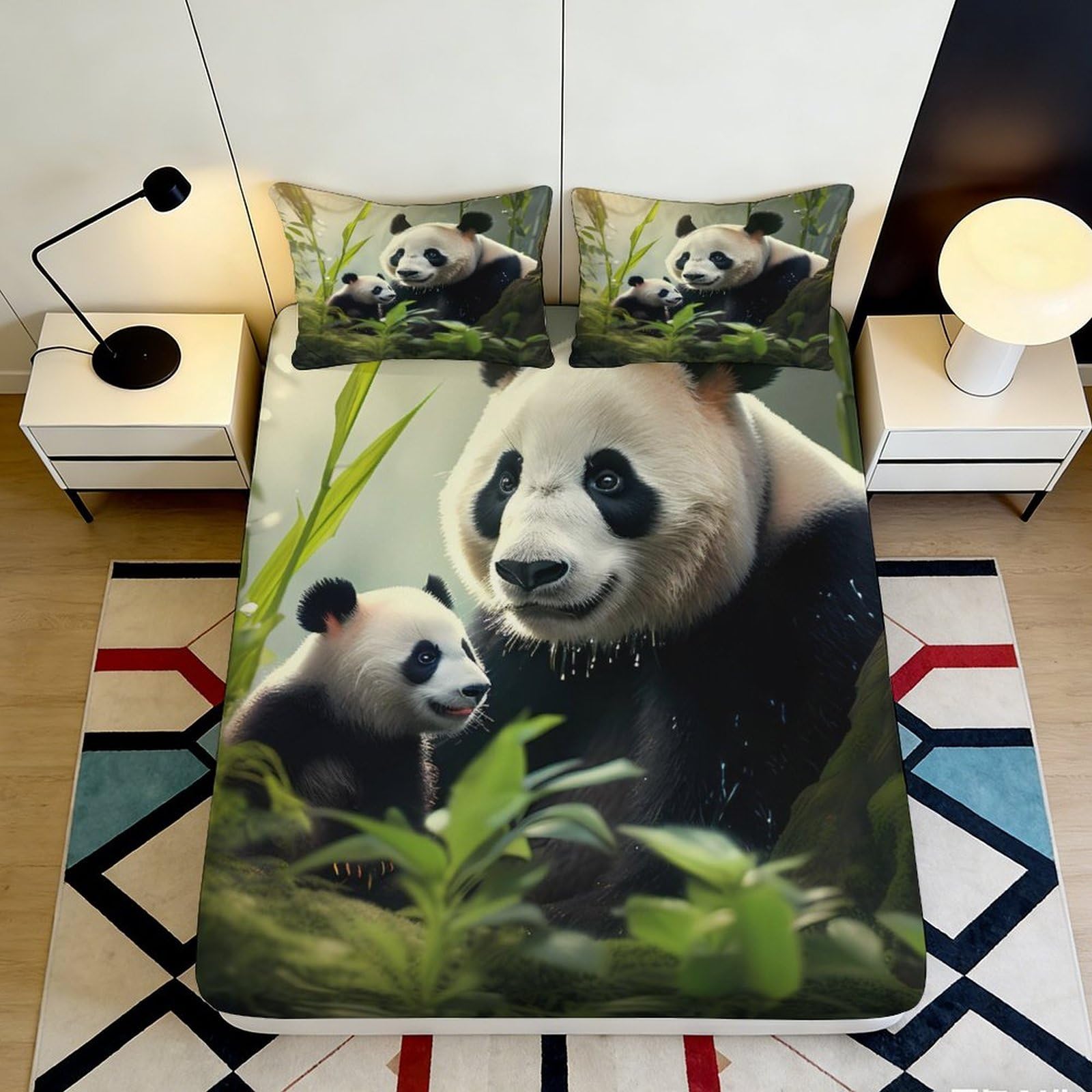 3D Printed Panda Animal Fitted Sheet Microfiber Soft Breathable Bamboo Forest Bed Cover for Bedroom Dormitory Guest Room Mattress Protection 200x200x25cm