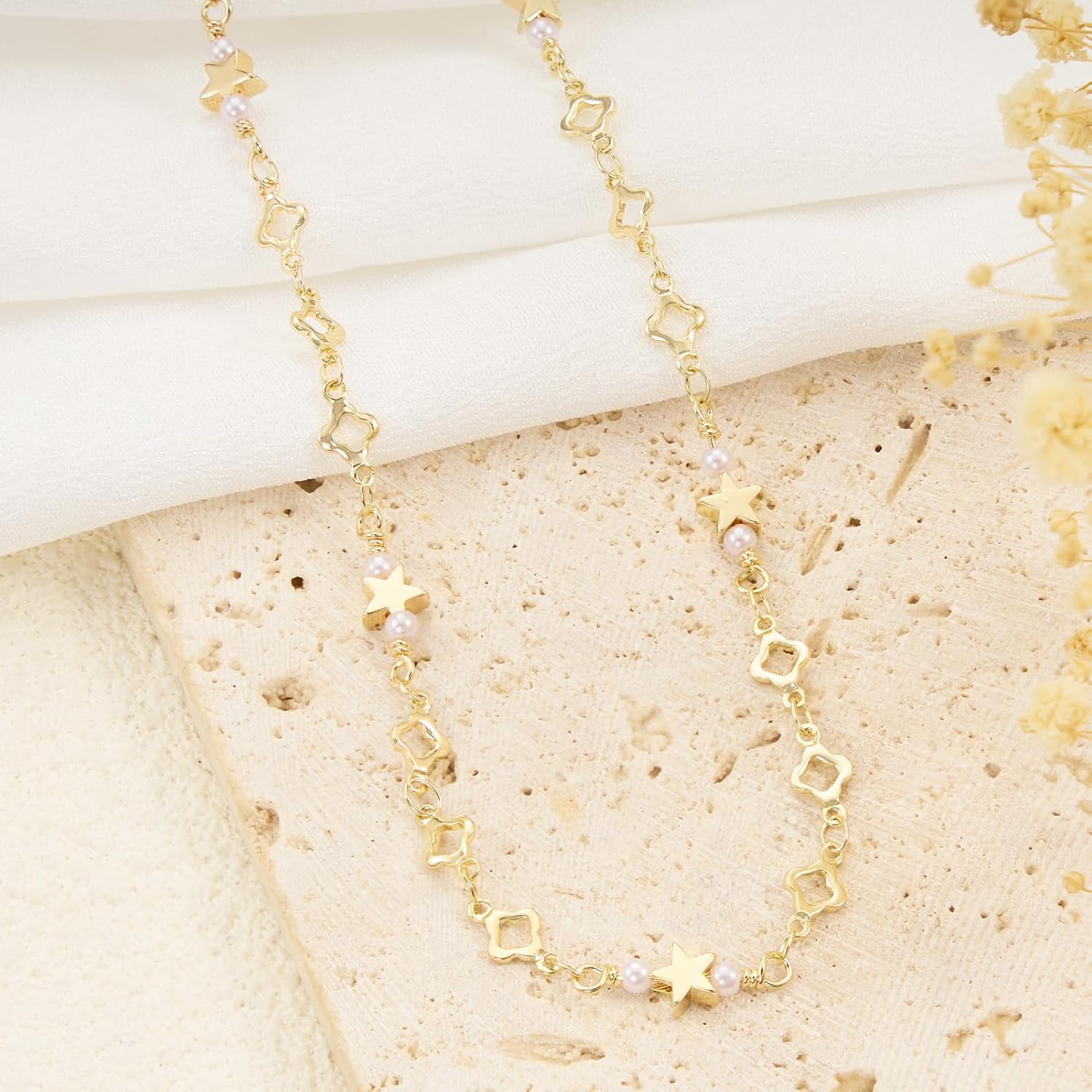 GTVOODX 13 Feet Gold Filled Unfinished Chain Bulk Pearl Satellite Four Leaf Clover Star Link Chain for DIY Jewelry Making Supplies Findings with Jewelry Clasps - Image 5