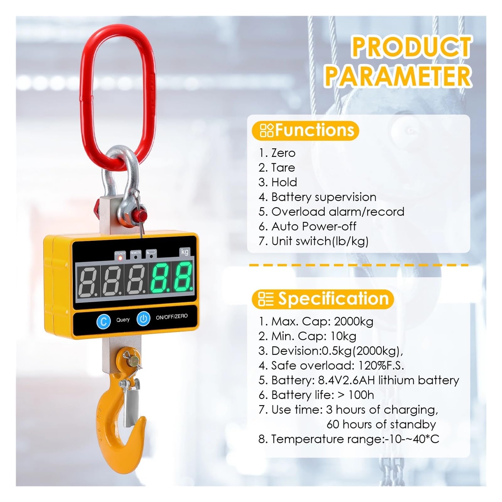 Bilancia for gru digitale in alluminio da 1000 kg/4000 libbre, 1 T, bilancia sospesa compatta e resistente, tipo OCS-SA, display a LED con telecomando