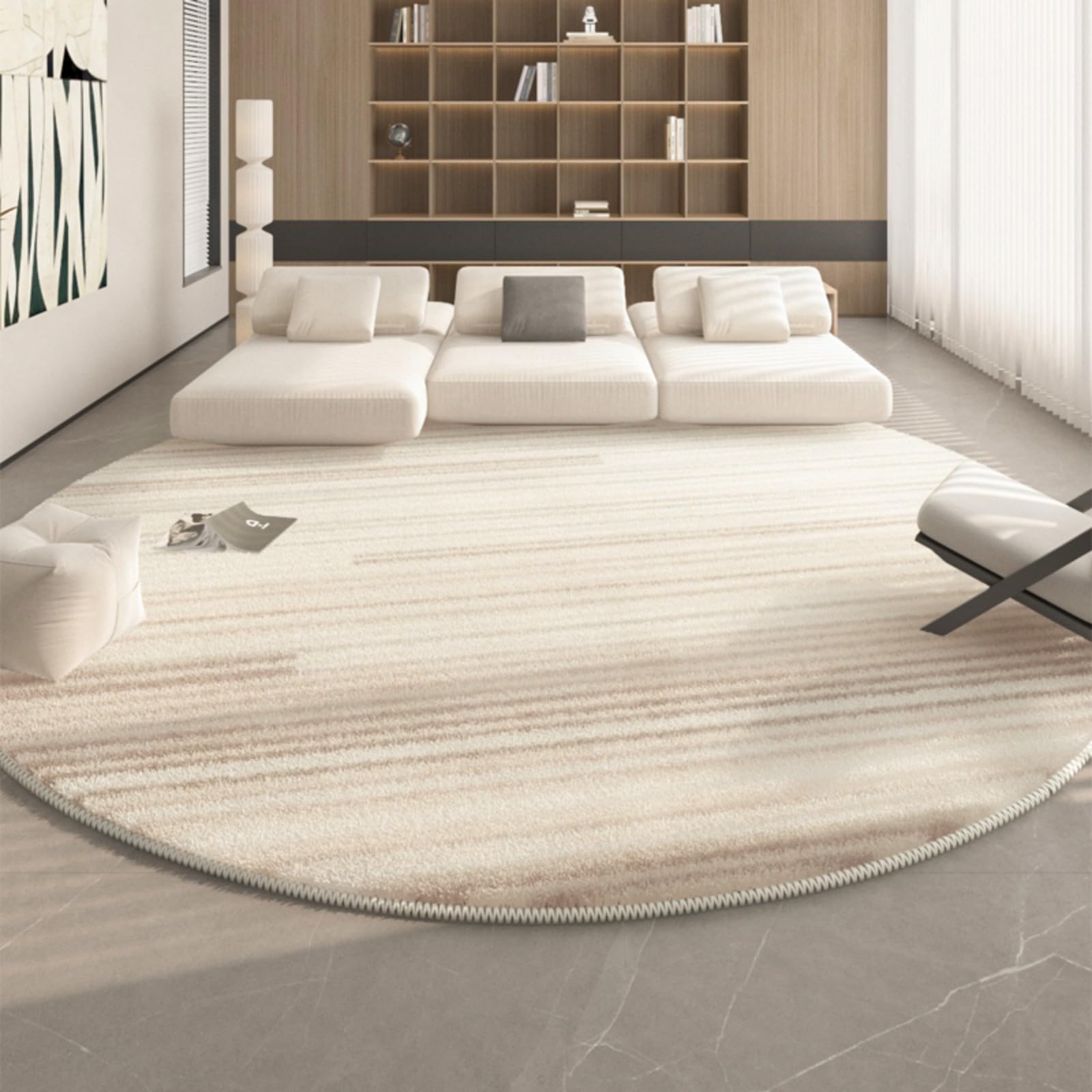 Tapis rond épais crème au toucher doux et finitions haut de gamme