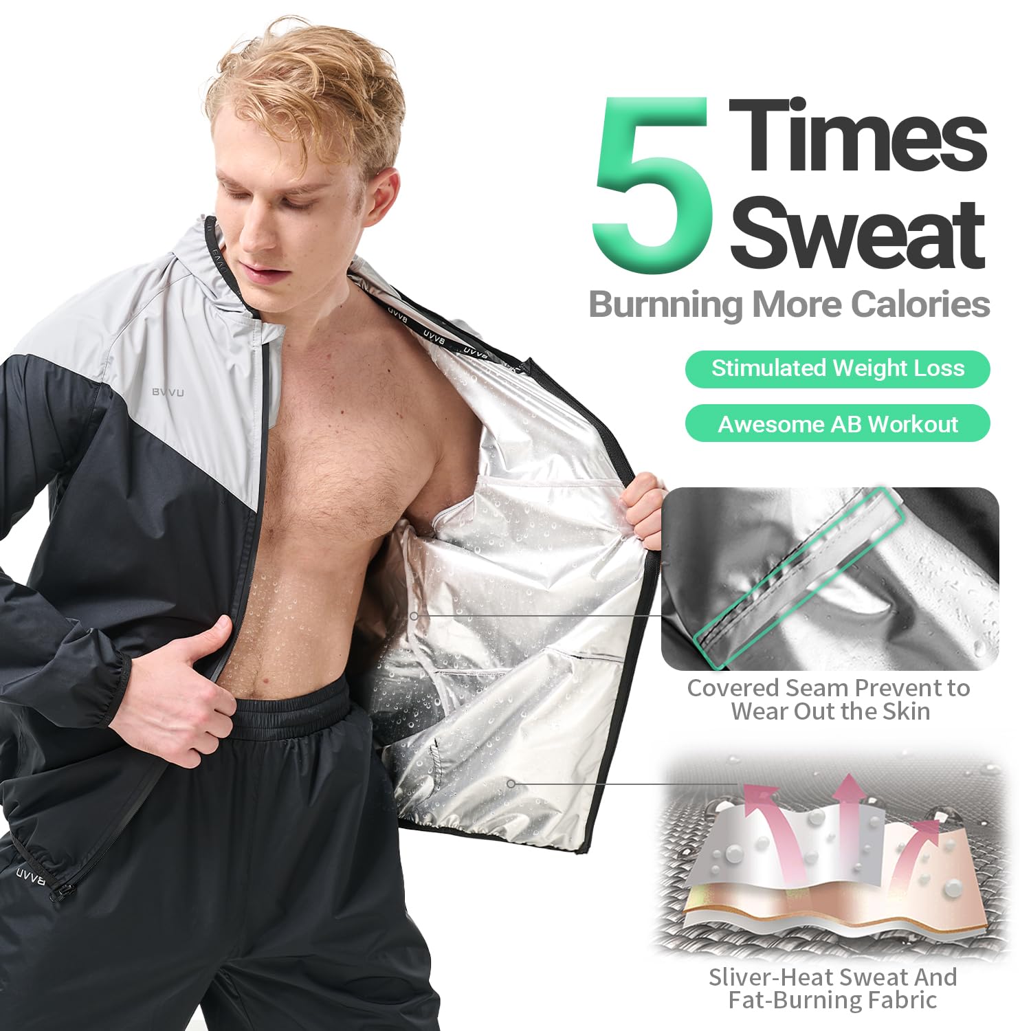 BVVU Sauna Suit for Men Zipper Sweat Suits with Hood Sauna Jacket Gym Workout Full Body only Jacket Lightgrey 3X-Large