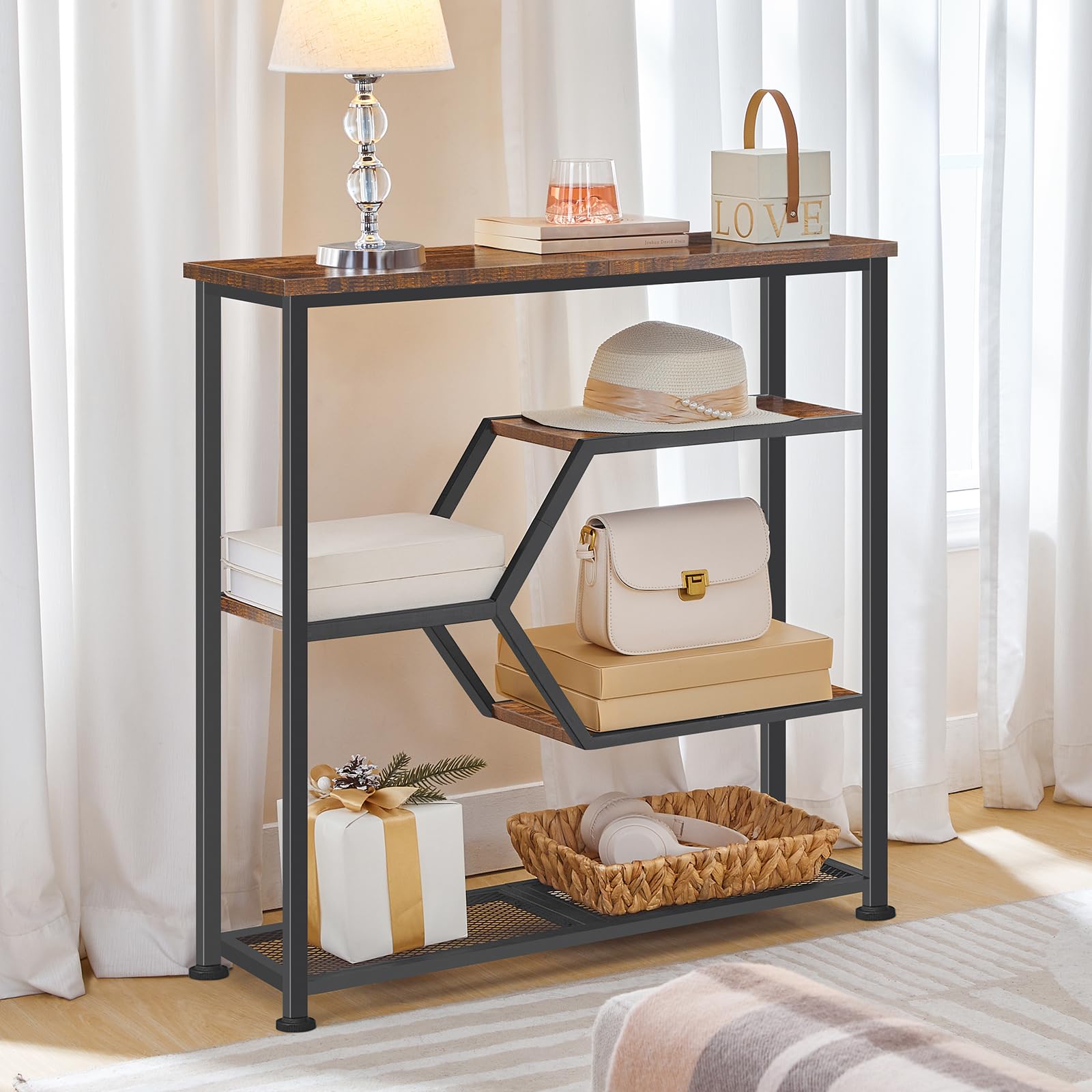 MAHANCRIS 5-stufiger Konsolentisch, Schmal Beistelltisch, 80 cm Sofatisch, Eingangstisch im Industrie-Stil, Metallrahmen, für Wohnzimmer, Eingangsbereich, Flur, Vintagebraun und Schwarz ACTHR13101