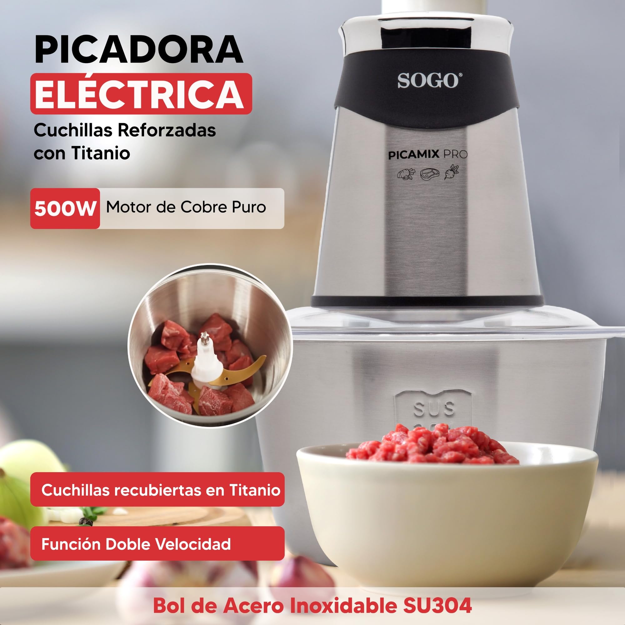 Sogo Picadora Eléctrica con Función de Doble Velocidad - Picadora de Carne, Verduras, Frutas, Frutos Secos - Procesador de Alimentos con 4 Cuchillas Afiladas y Eficientes - Trituradora de Alimentos