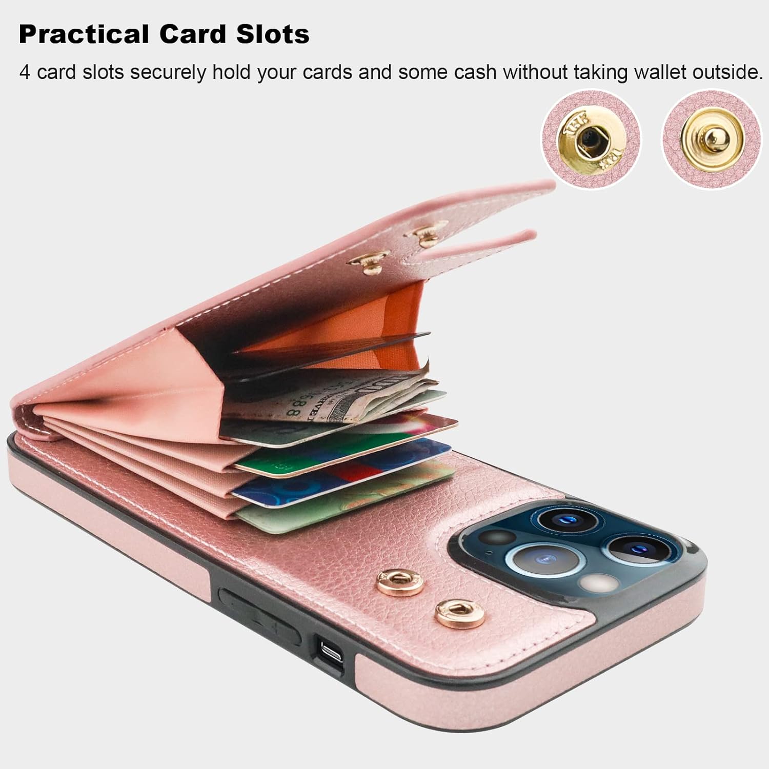 Folosu Compatible with iPhone 13 Pro Max Case Wallet with Card Holder, 360°Rotation Finger Ring Holder Kickstand Protective RFID Blocking PU Leather Double Buttons Flip Cover 6.7 Inch Rose Gold - Image 4