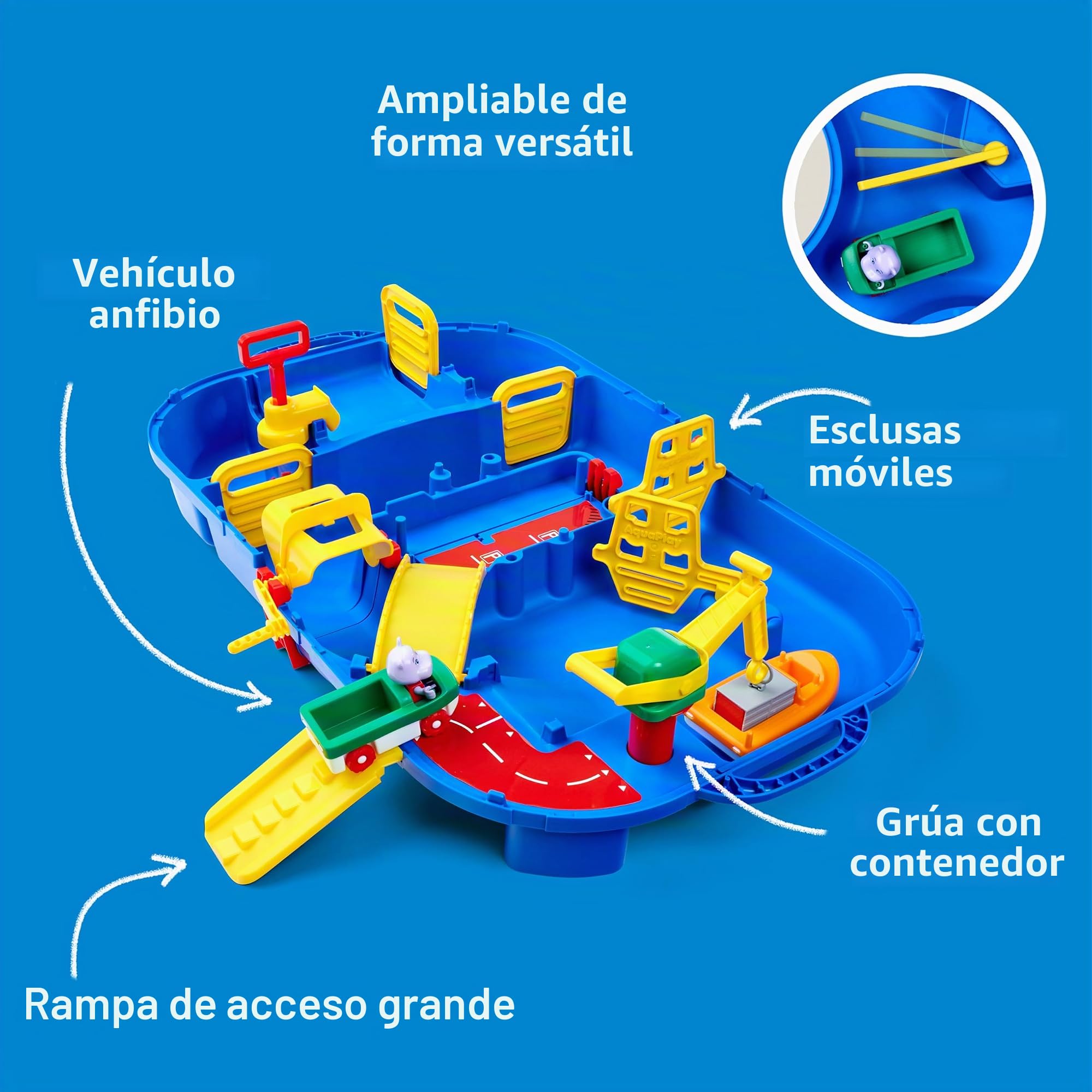 AquaPlay - LockBox - Waterway como maletín de Transporte con 27 Piezas, Juego Que Incluye 1 Hippo Wilma, Coche Anfibio y Bote contenedor, para niños a Partir de 3 años, 8700001516, Color Azul