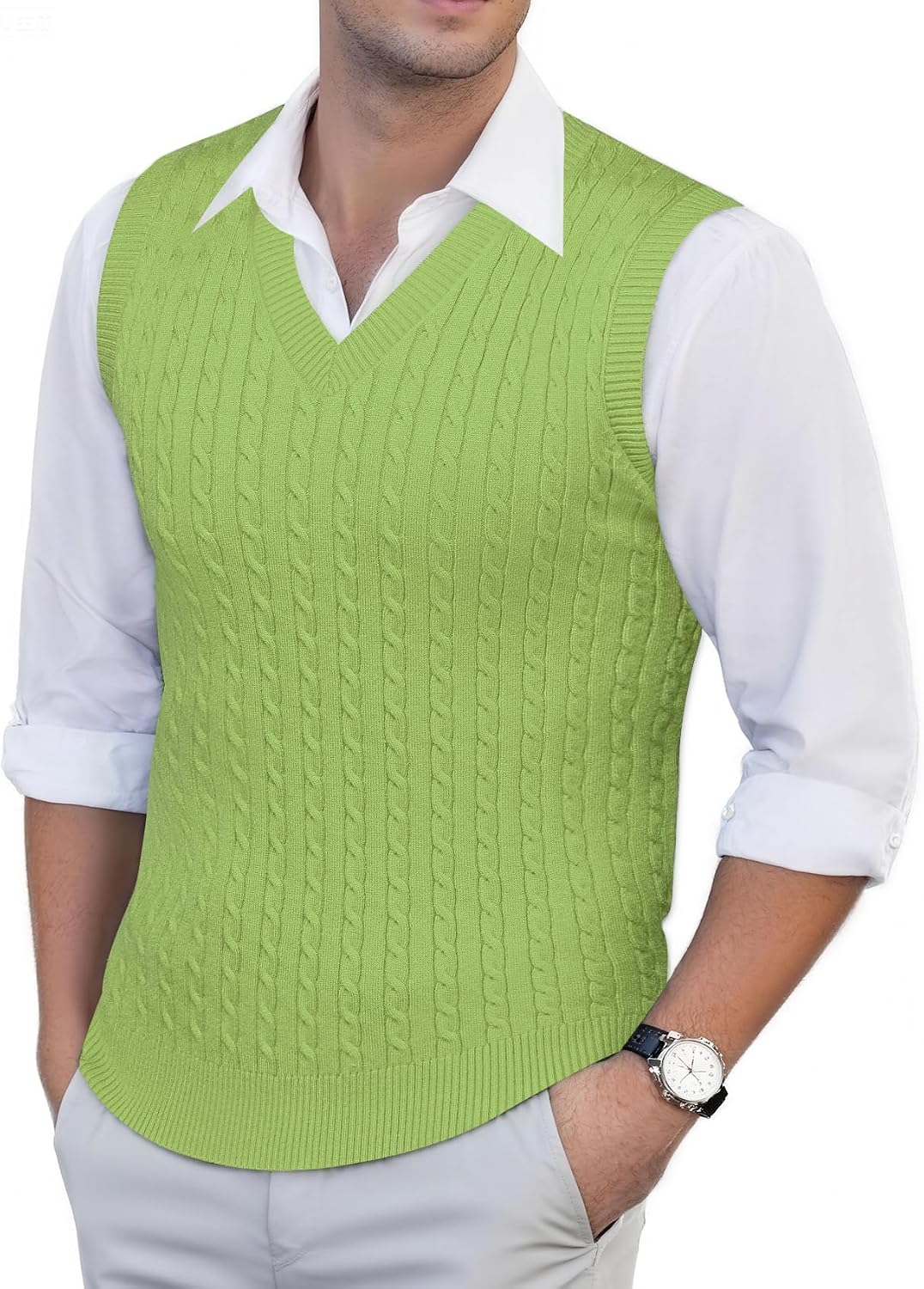 Barry Wang Mens Sweater Vest Wool Blend Cable Knit V‑Neck Sleeveless Casual