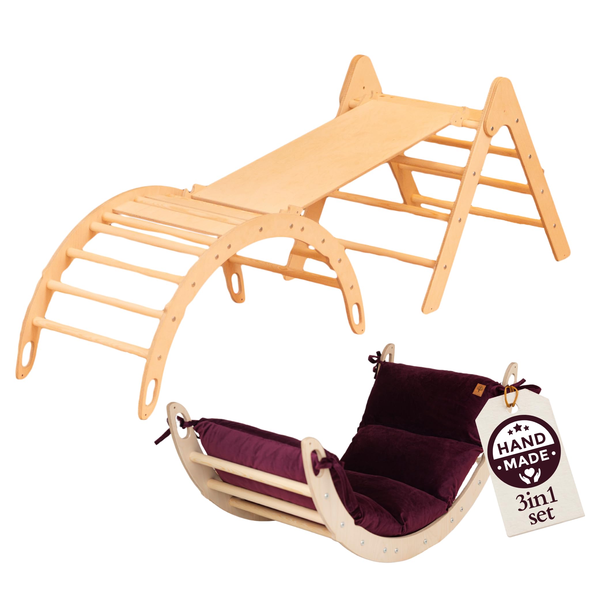 WoodsCraft 3in1 Set: Kletterdreieck mit Rutsche Indoor/Klettern Rampe & Kletterbogen mit Kissen | Holz Montessori Klettergerüst Indoor Spielgeräte & Spielplatz | Klettern Kinder Indoor & Klettern Baby