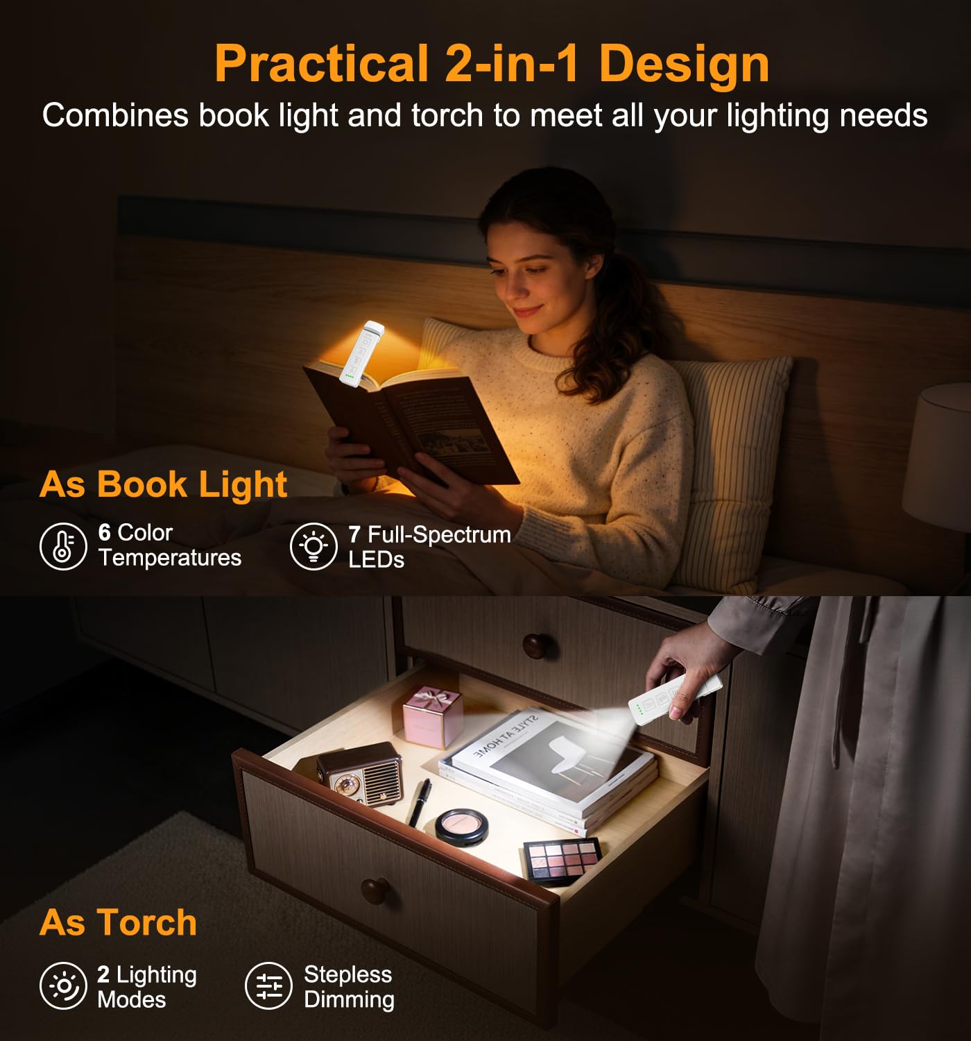 Gritin 2026 Gen 2 Lampka do Czytania i Latarka 8 Pełnospektralna LED | 2 w 1 Akumulator Lampa Książkowa Łóżku, Długa Bateria, 6 Jasności 6 Jasnych Kolory, Płynne Ściemnianie, Biały