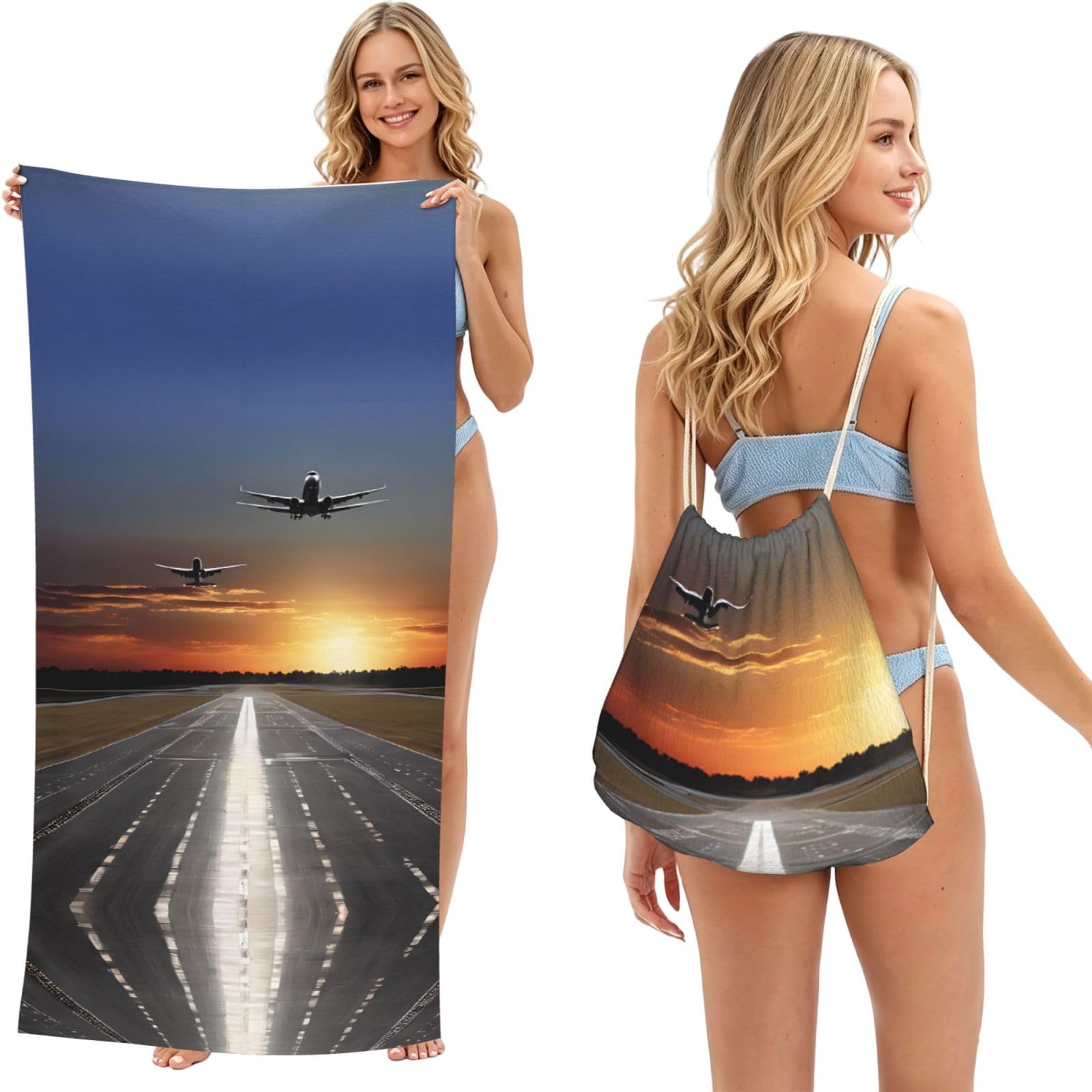 ESNAIUVCD Airport Print Beach Towel For Adults,Towel With Drawstring Bag, Travel Pool Swimming Sports Shower Sand Free Quick Dry Bath Towel For Pool, Beach, Yoga- 180x60cm